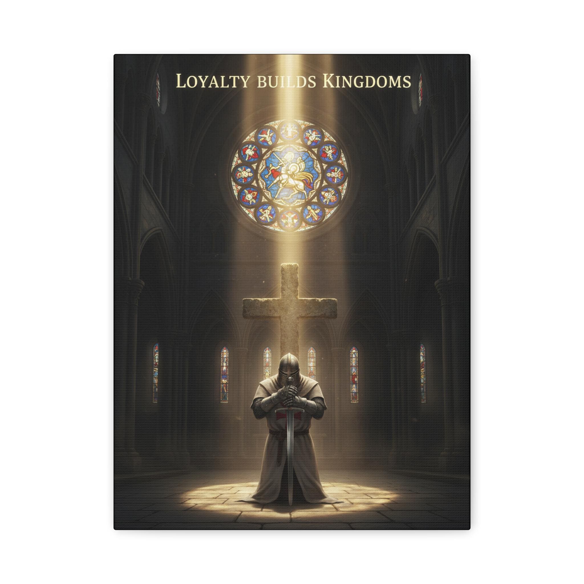 Knight Kneeling Before Cross Matte Canvas | Religious Wall Art, Stained Glass Cathedral