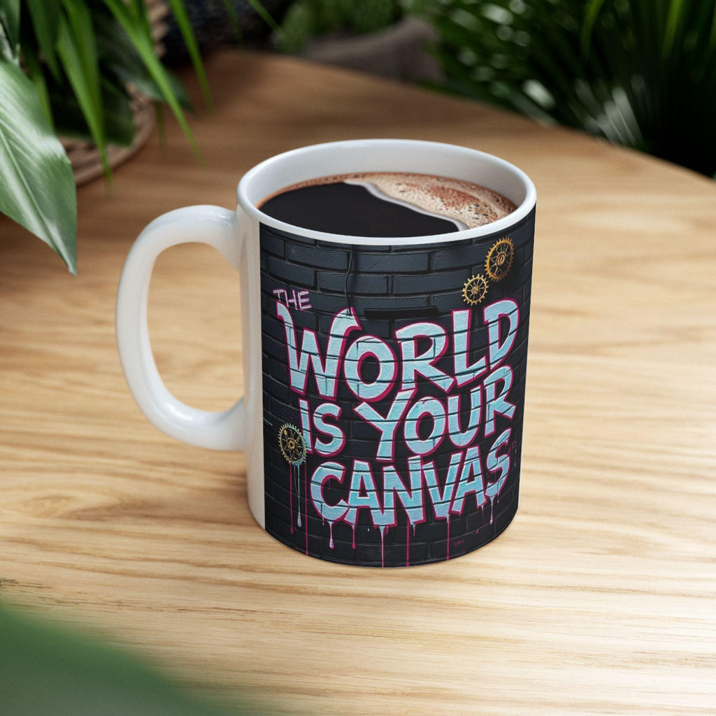 The World Is Your Canvas Mug | Graffiti Brick Wall, Steampunk Gears