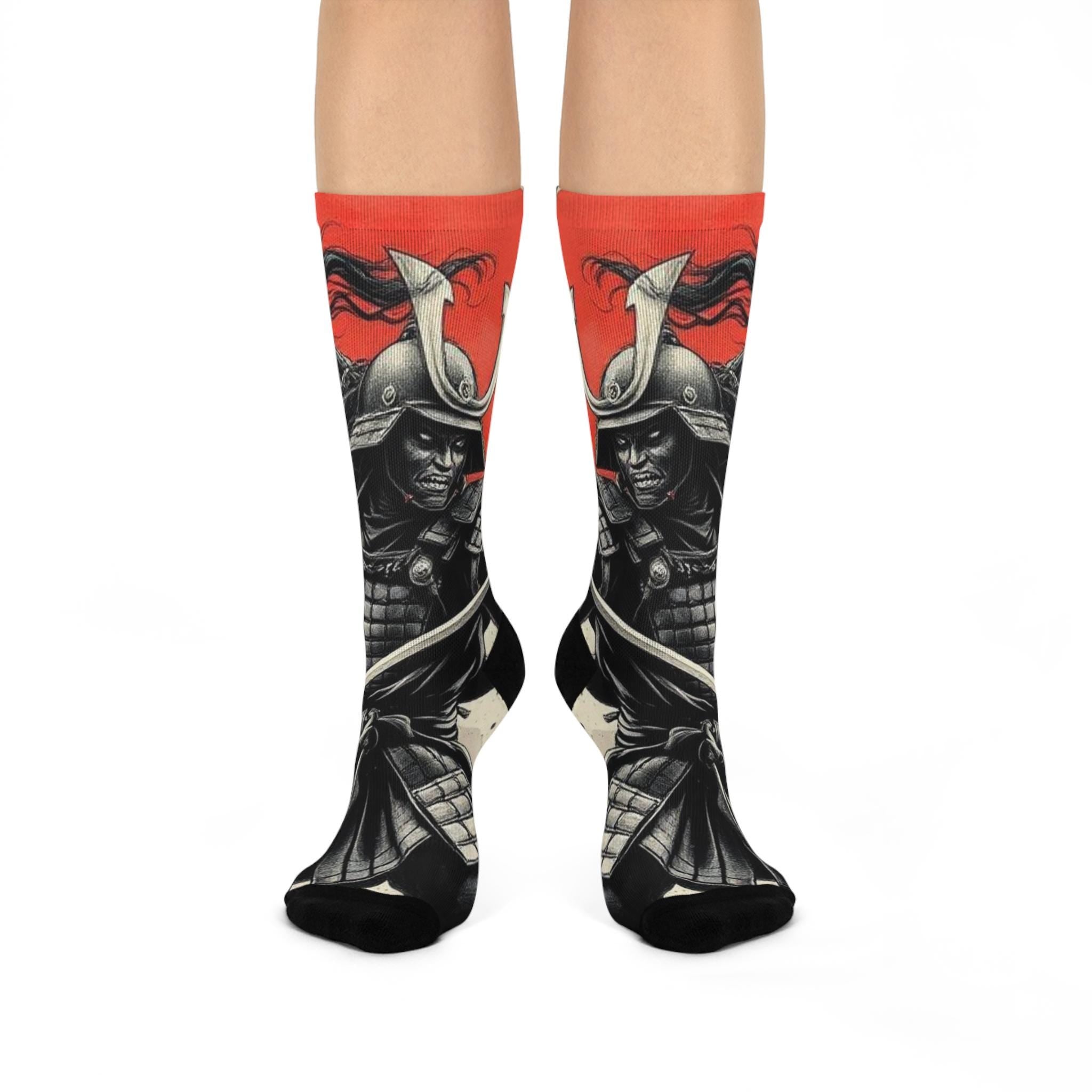 Samurai Helmet Warrior Crew Socks | Red Sun Armor Illustration