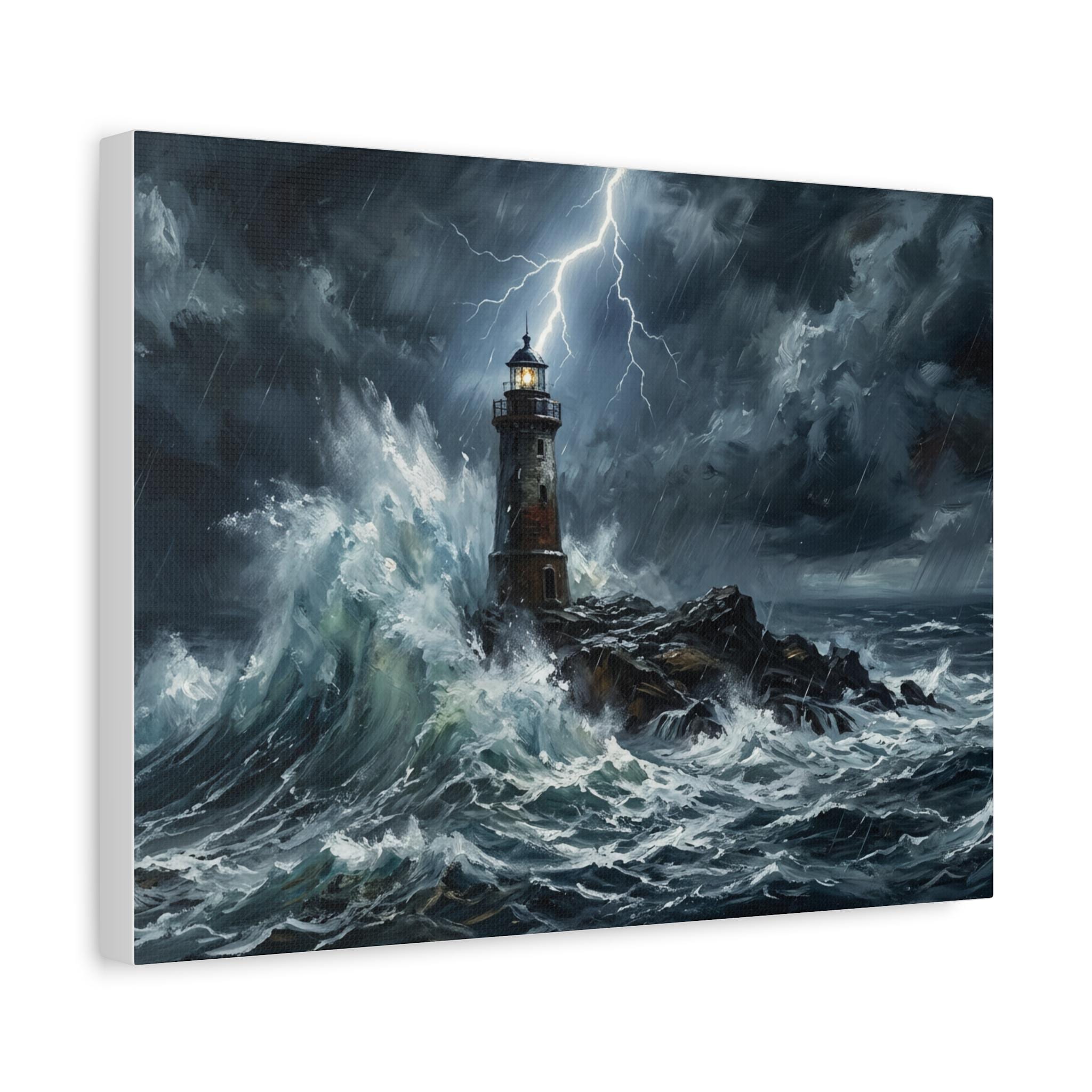 Stormy Lighthouse Matte Canvas | Seascape Wall Art, Lightning Ocean Print