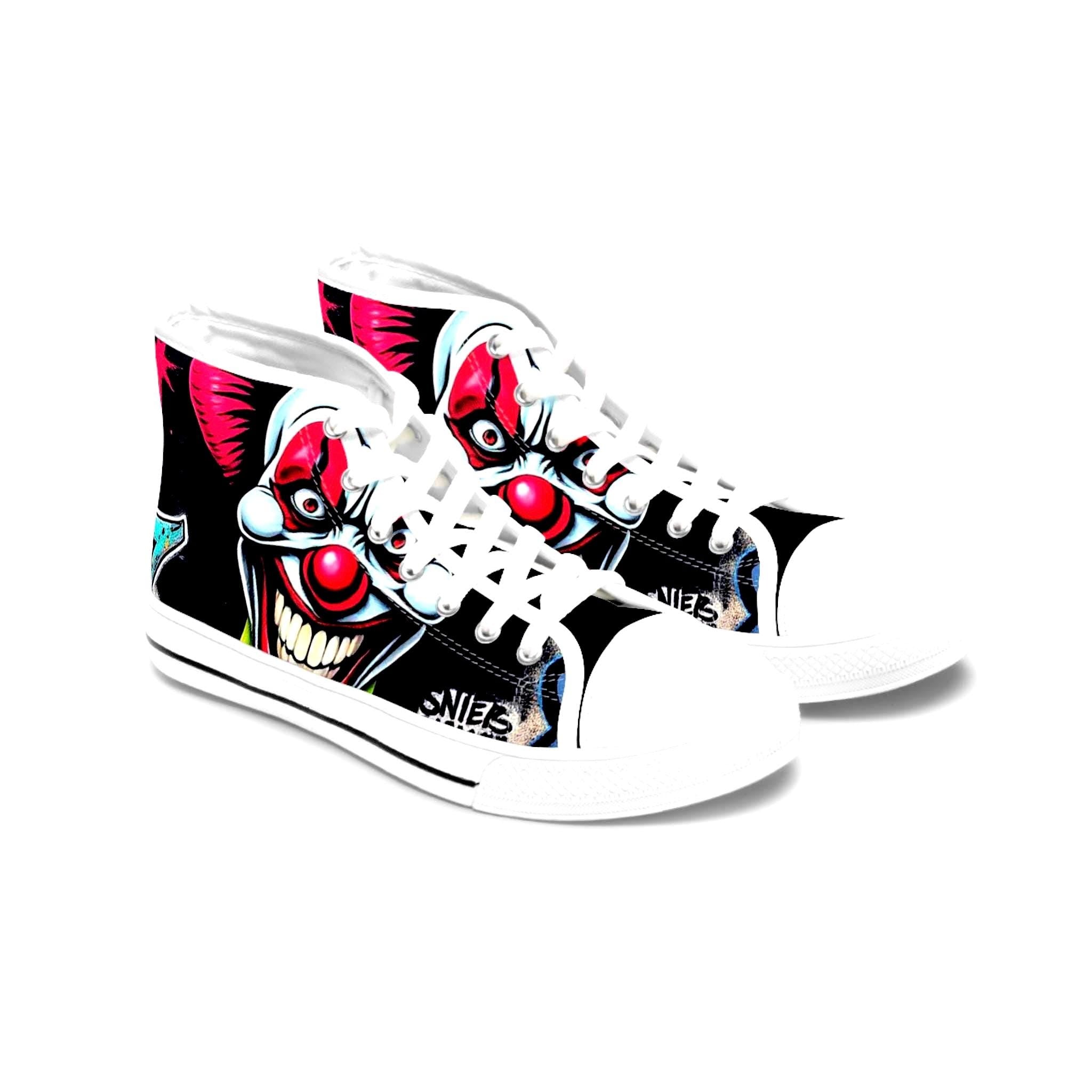 Creepy Clown Graffiti Face Women's High Top Sneakers | Horror Halloween Shoe Art