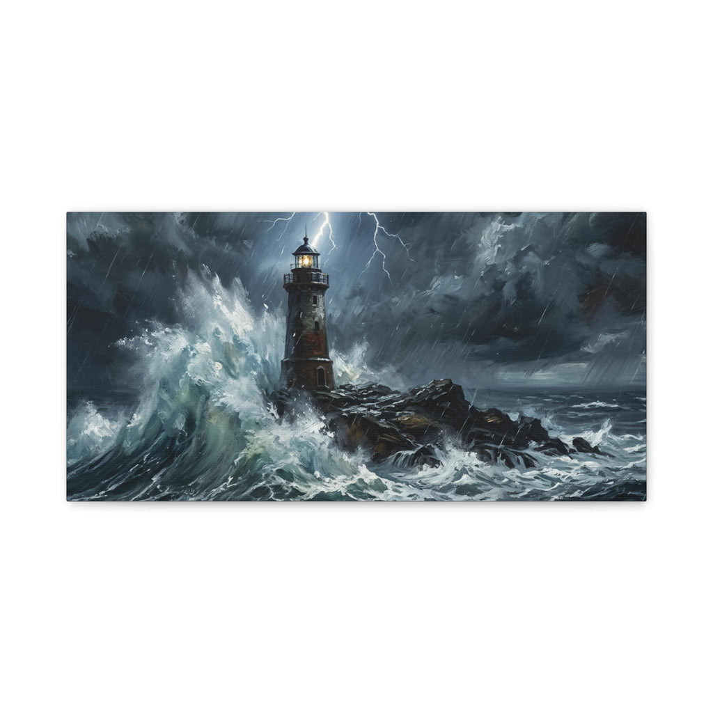 Stormy Lighthouse Matte Canvas | Seascape Wall Art, Lightning Ocean Print