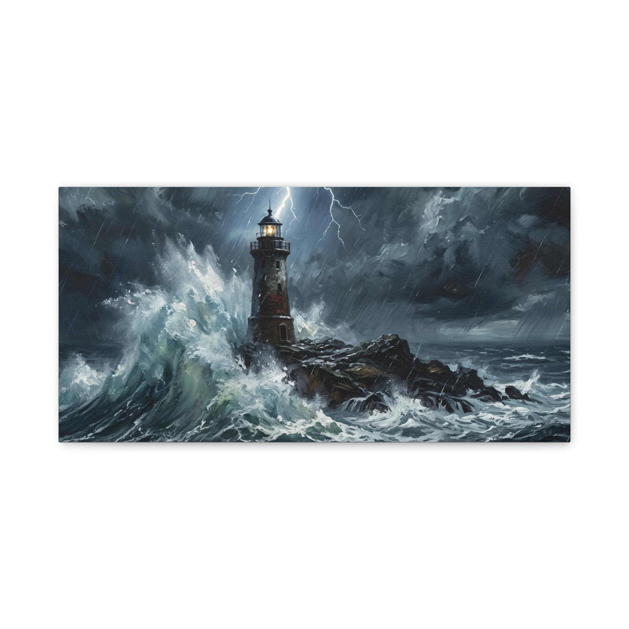 Stormy Lighthouse Matte Canvas | Seascape Wall Art, Lightning Ocean Print