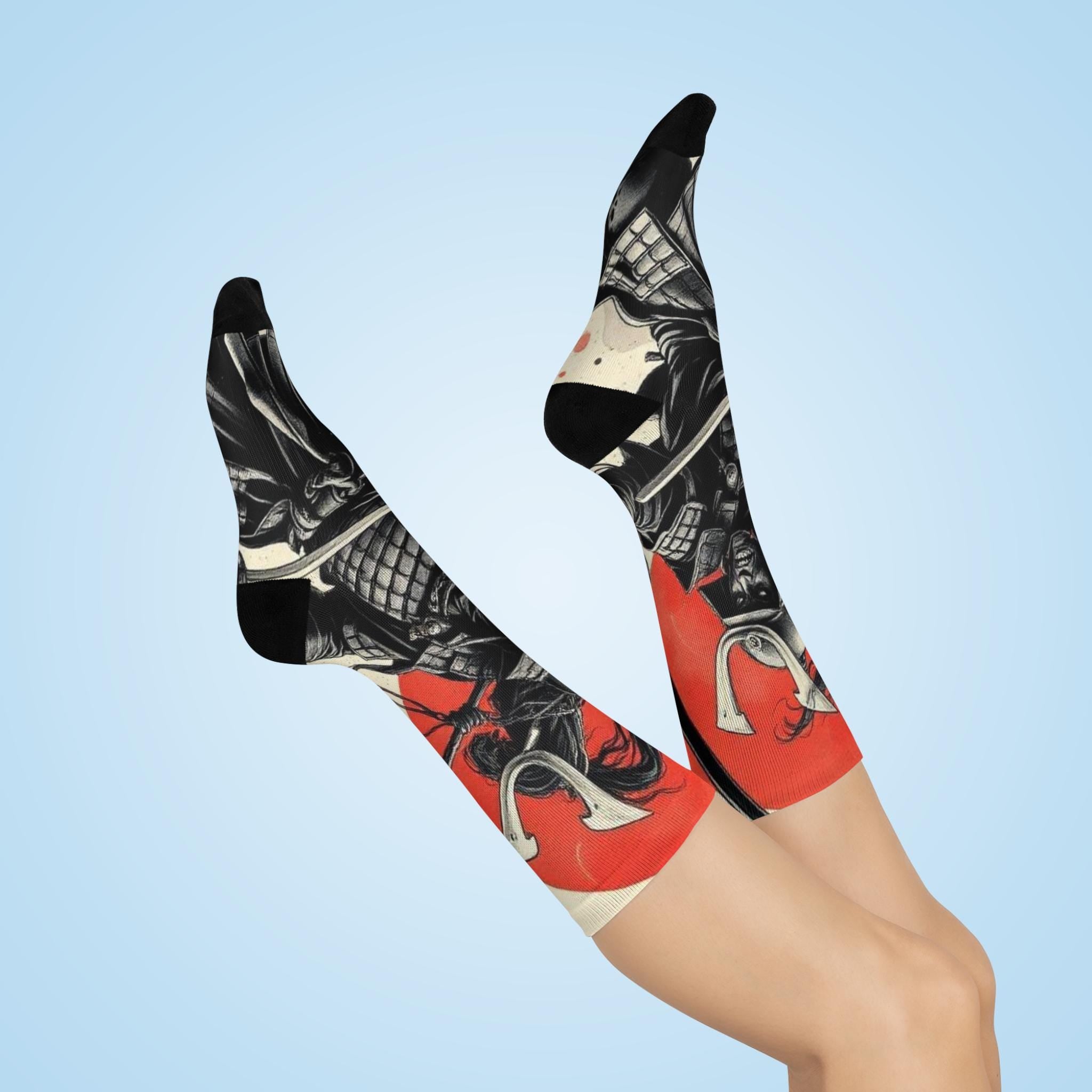 Samurai Helmet Warrior Crew Socks | Red Sun Armor Illustration