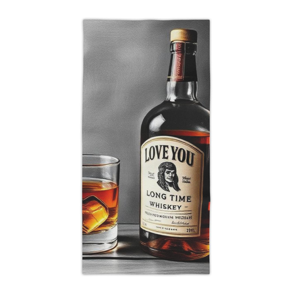 Love You Long Time Whiskey Bottle Beach Towel | Whiskey Glass Illustration