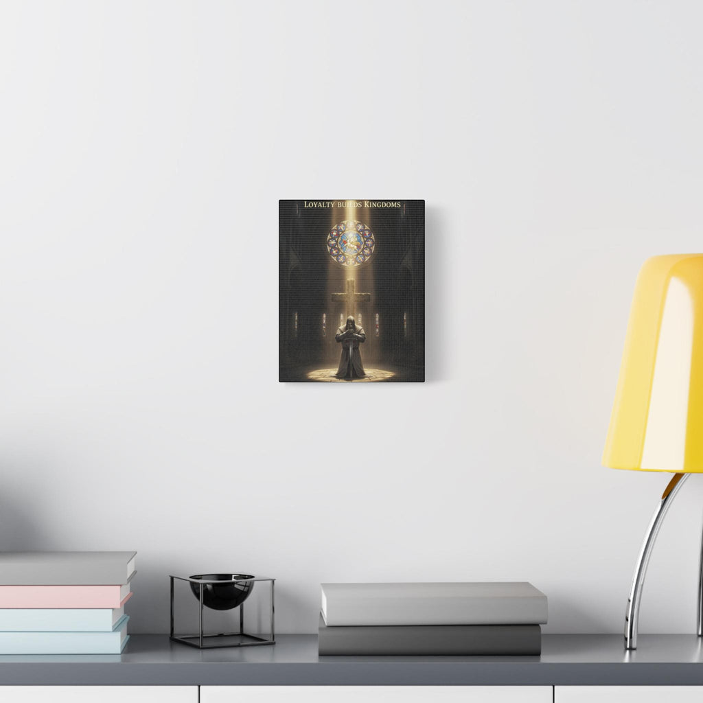 Knight Kneeling Before Cross Matte Canvas | Religious Wall Art, Stained Glass Cathedral