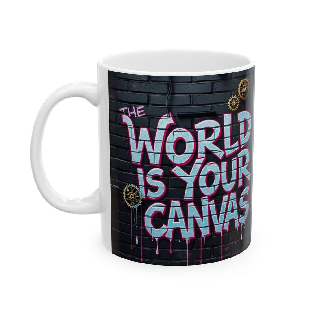 The World Is Your Canvas Mug | Graffiti Brick Wall, Steampunk Gears