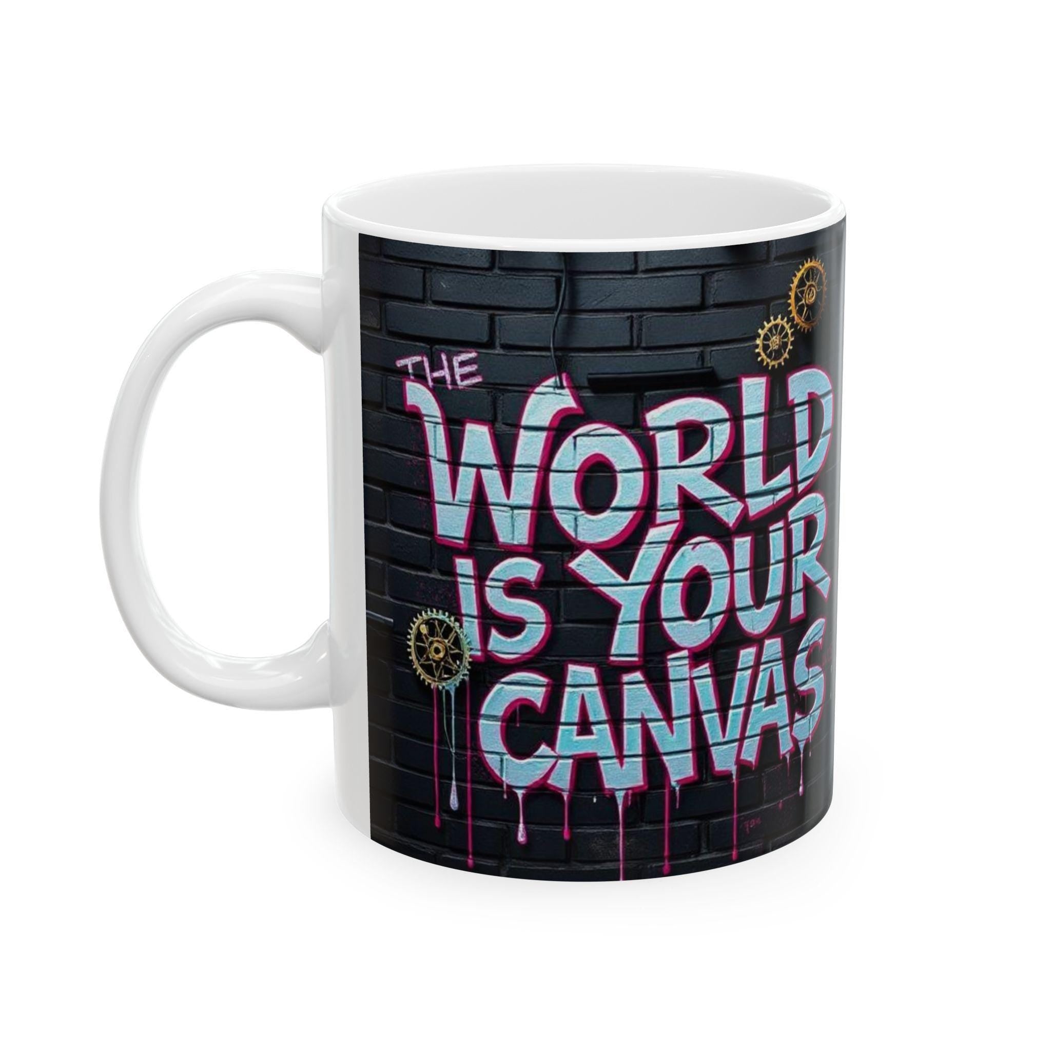 The World Is Your Canvas Mug | Graffiti Brick Wall, Steampunk Gears
