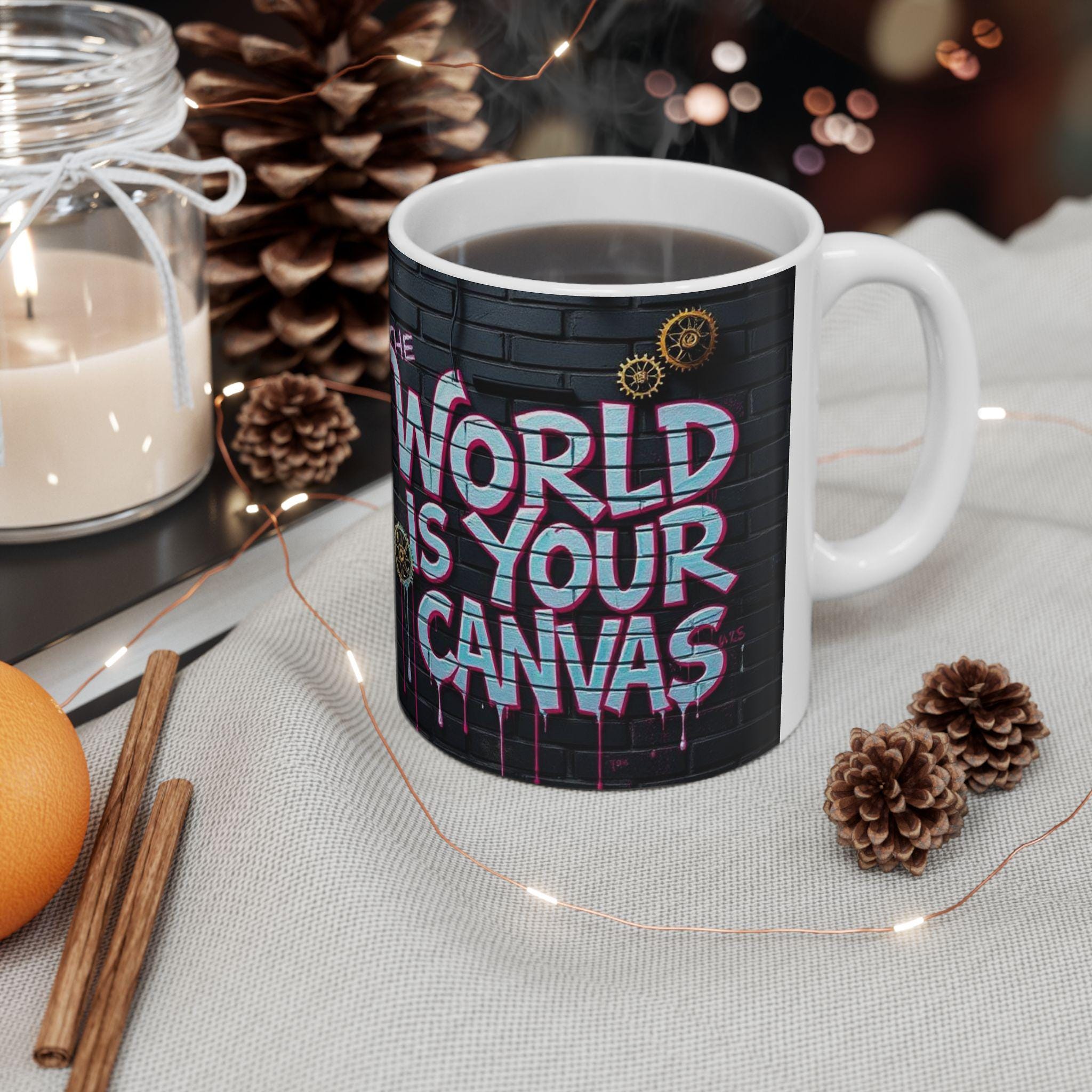 The World Is Your Canvas Mug | Graffiti Brick Wall, Steampunk Gears
