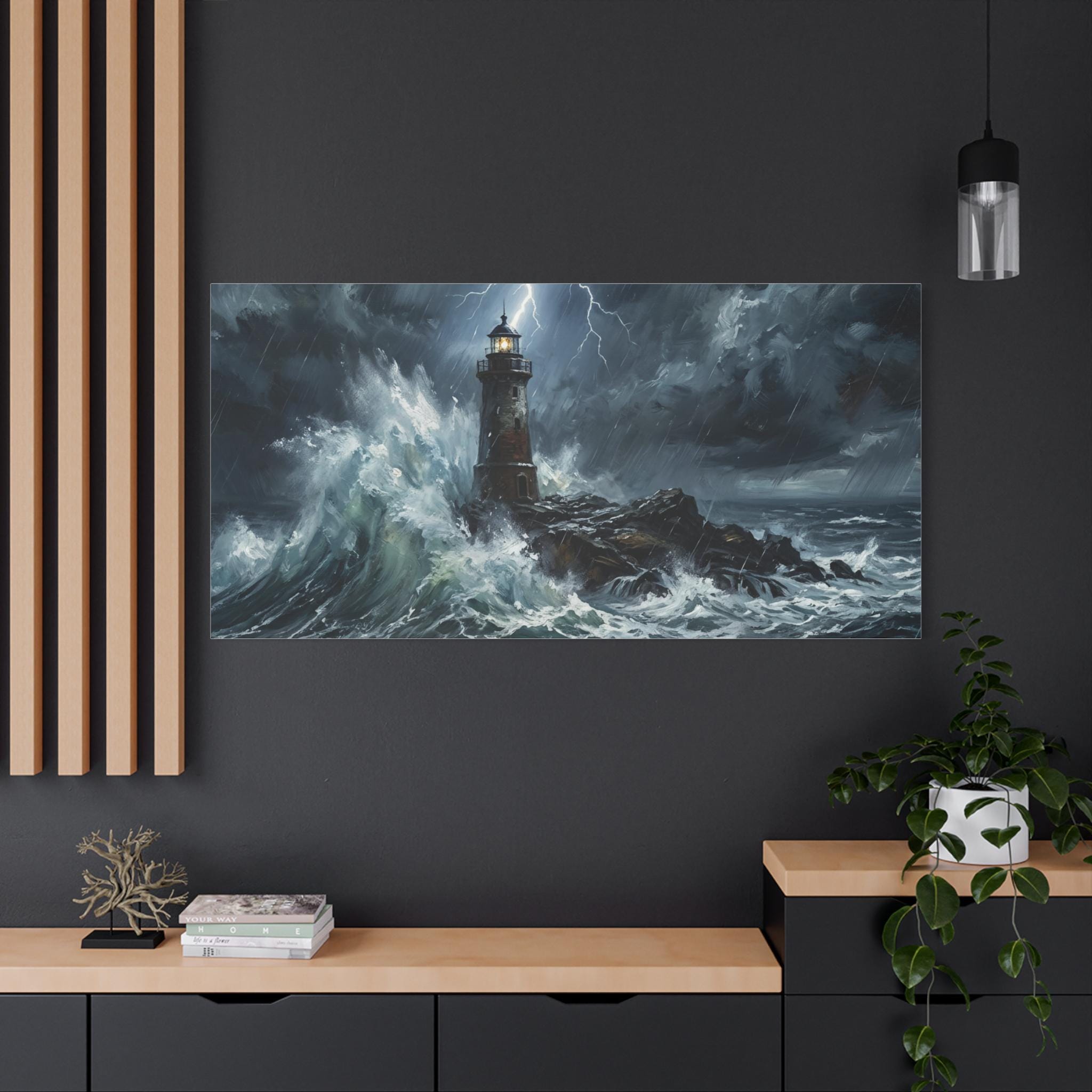 Stormy Lighthouse Matte Canvas | Seascape Wall Art, Lightning Ocean Print
