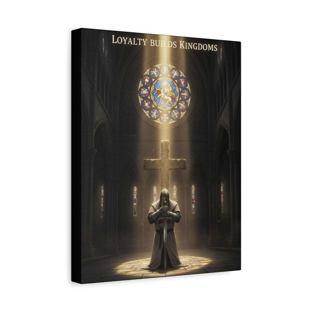 Knight Kneeling Before Cross Matte Canvas | Religious Wall Art, Stained Glass Cathedral