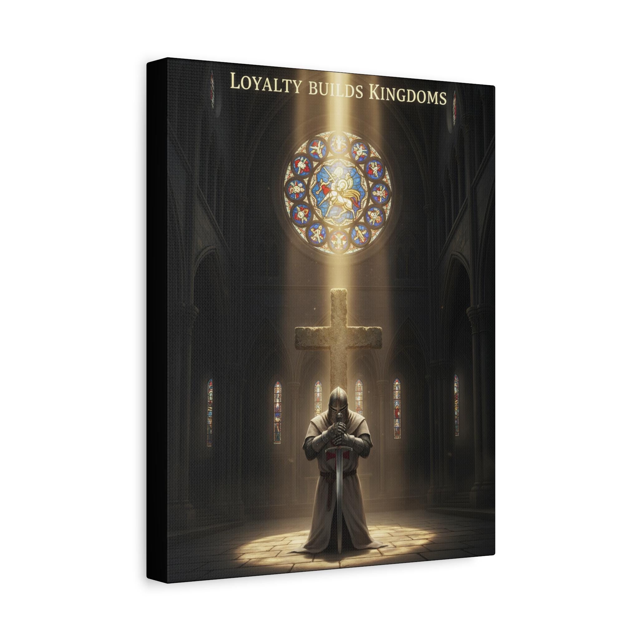 Knight Kneeling Before Cross Matte Canvas | Religious Wall Art, Stained Glass Cathedral