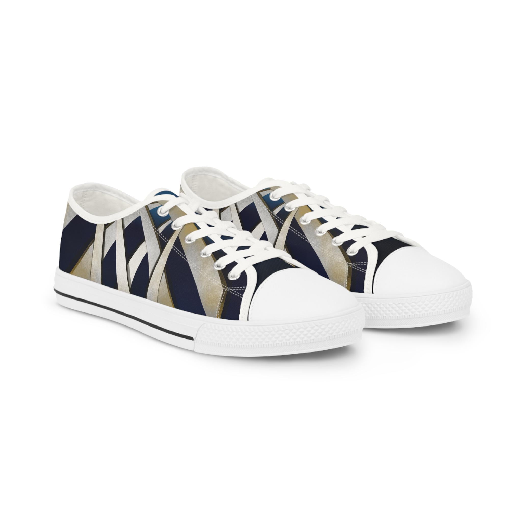Geometric Striped Canvas Sneakers | Navy Blue Low Tops