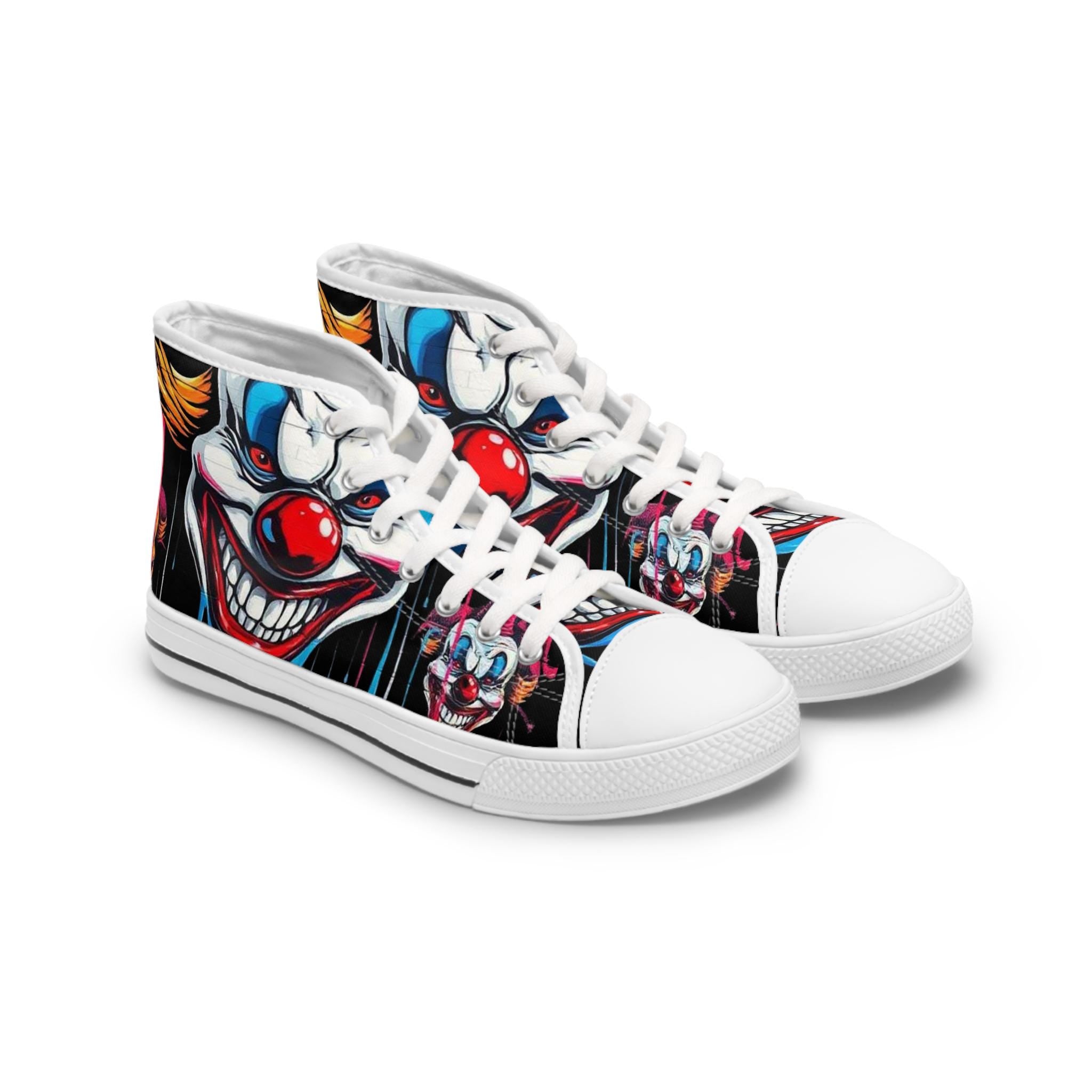 Scary Grinning Clown Women's High Top Sneakers | Horror Face, Colorful Creepy Art