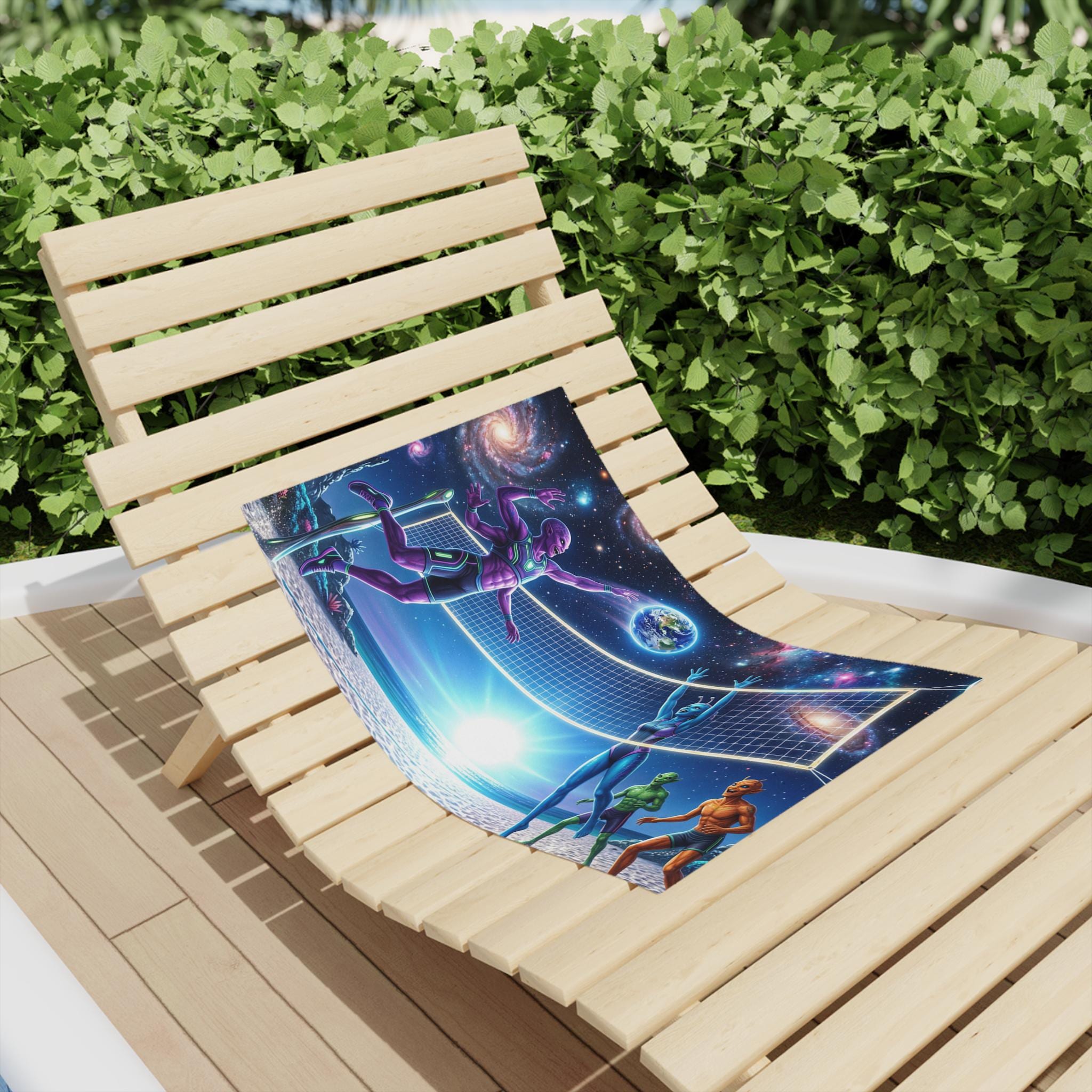 Galactic Beach Volleyball Beach Towel | Space Sunset Alien Players