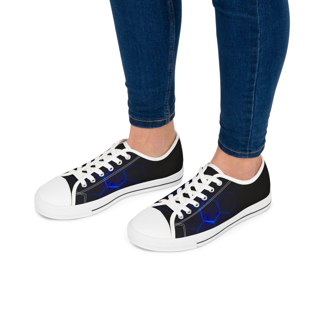 Blue Hexagon Circuit Pattern Women's Low Top Sneakers | Tech Grid Design