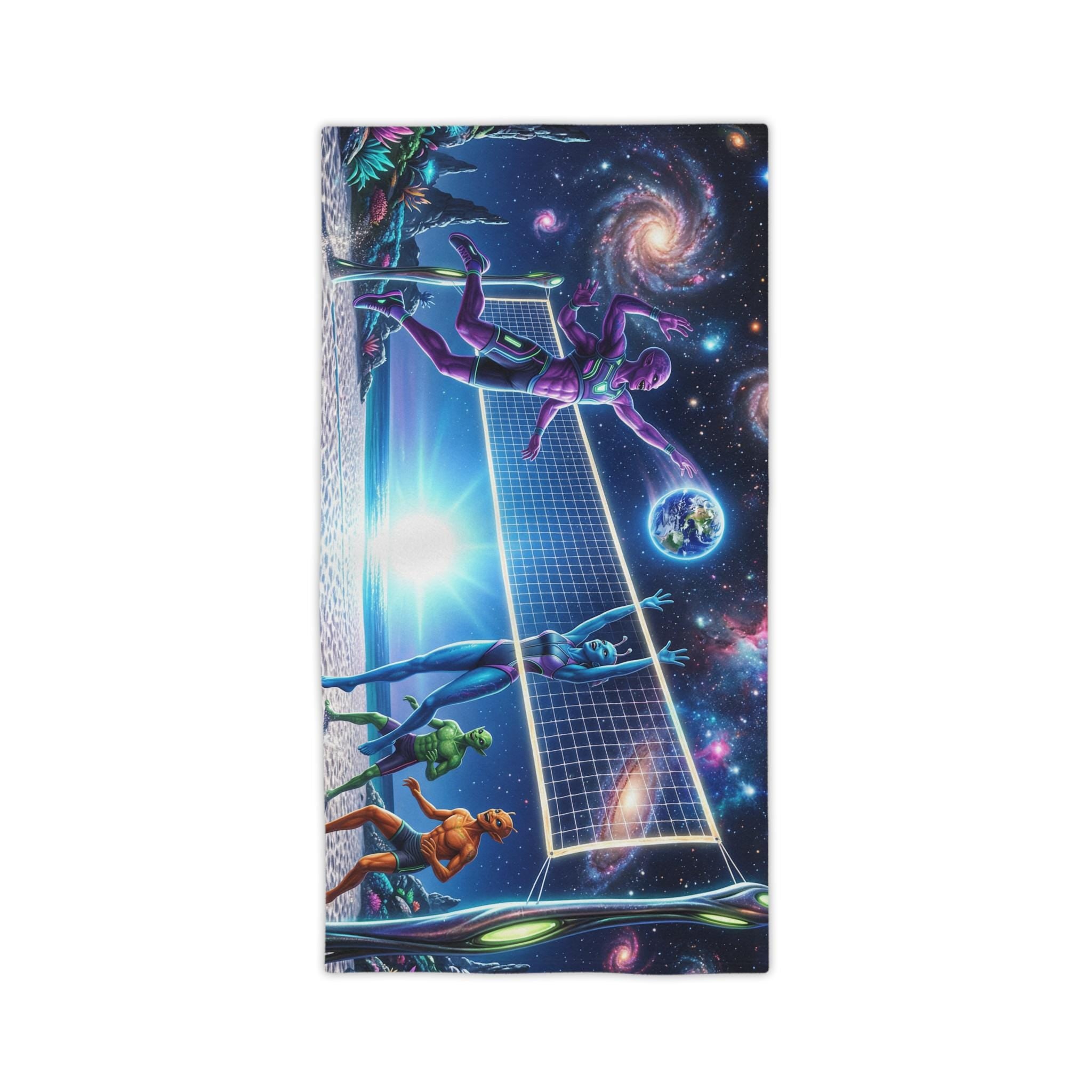 Galactic Beach Volleyball Beach Towel | Space Sunset Alien Players