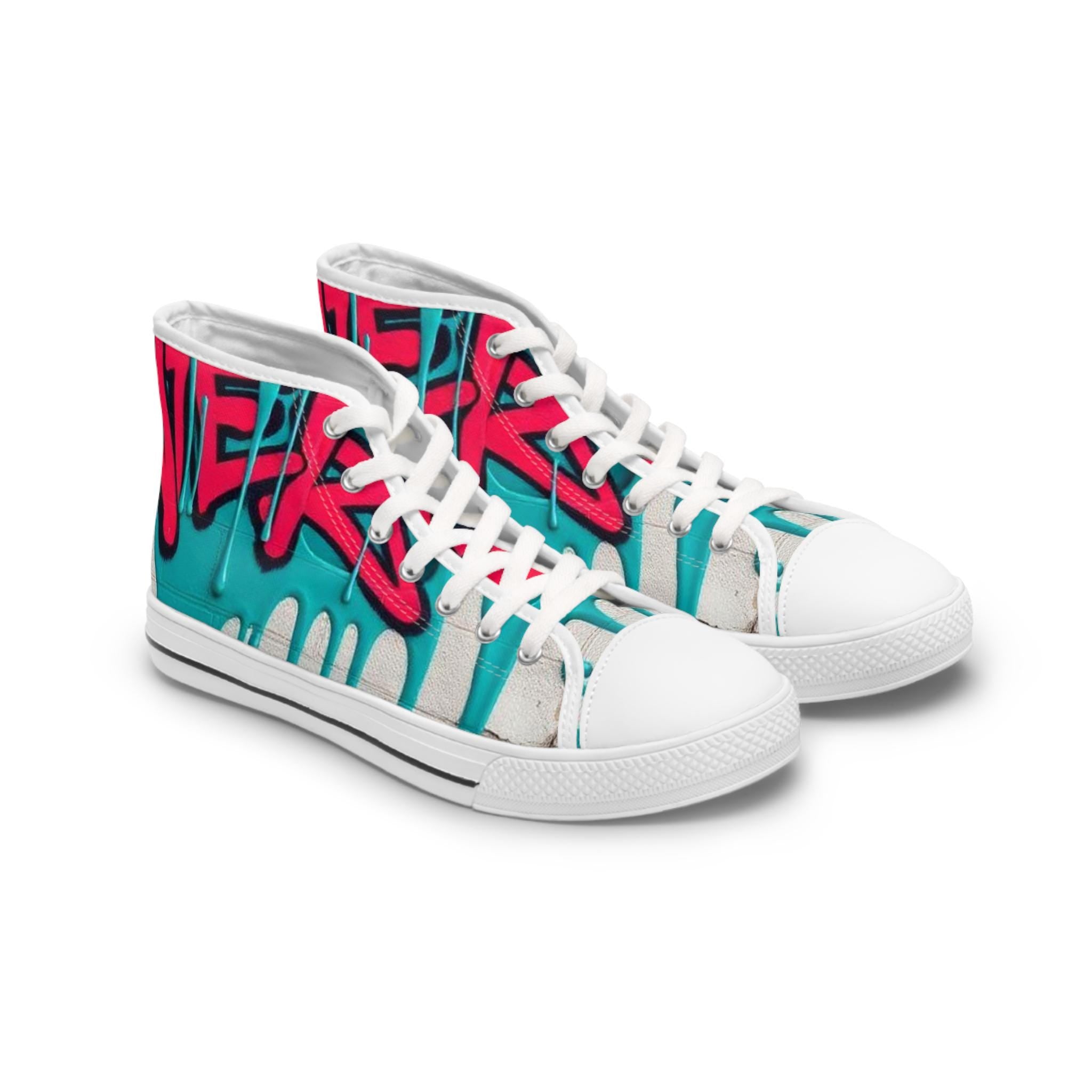 Teal Pink Street Graffiti Women's High Top Sneakers | Street Art Pattern