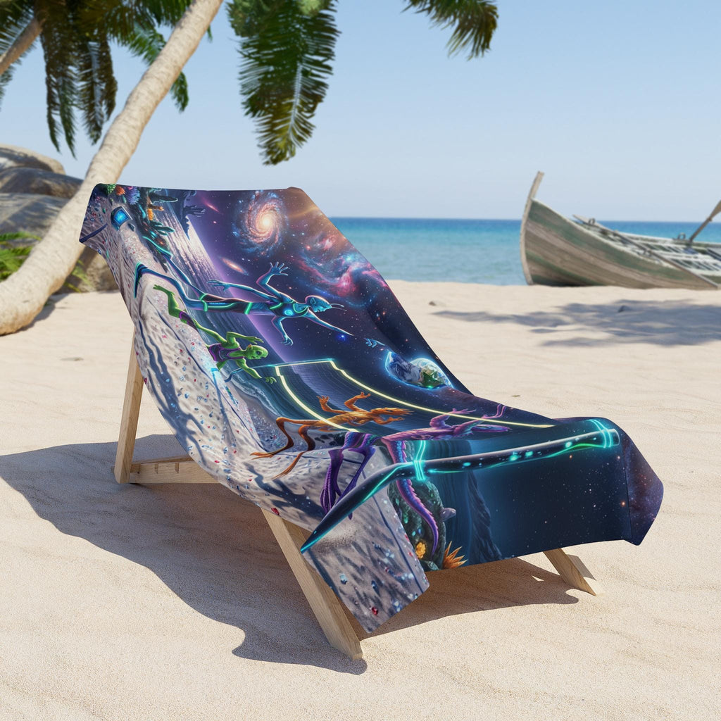 Alien Beach Volleyball Scene Beach Towel | Cosmic Surf, Neon Extraterrestrials