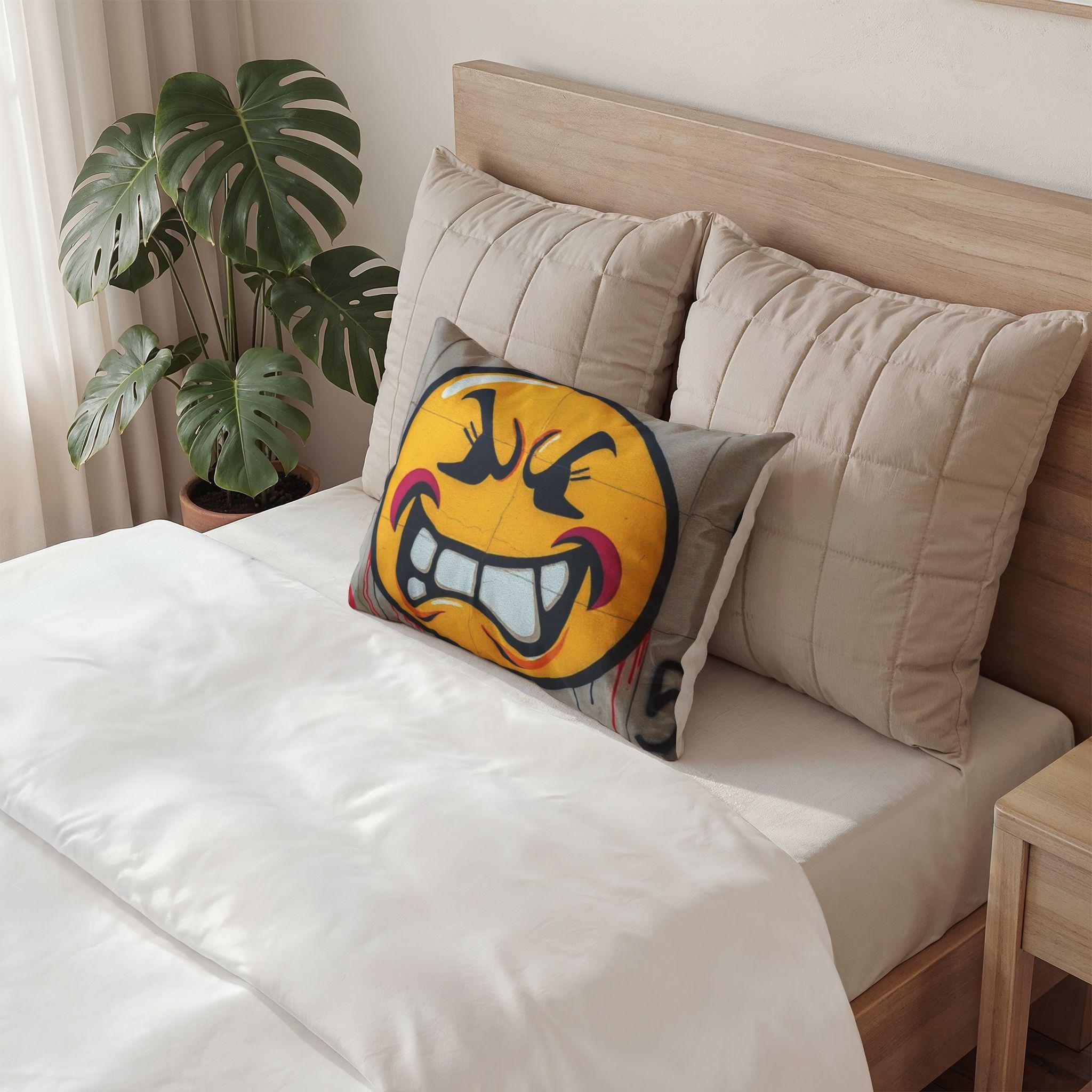 Grinning Emoji Face Pillow Sham | Graffiti Smile Decorative Pillowcase