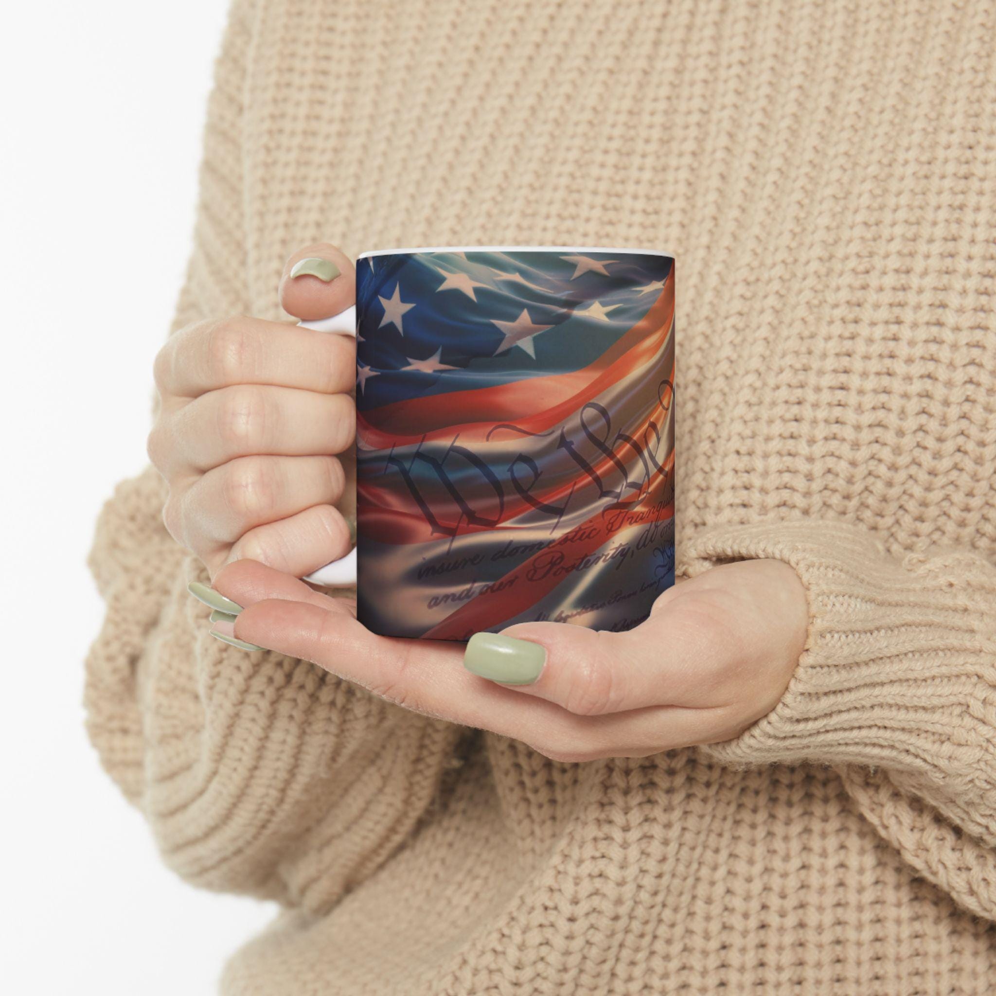 American Flag with Constitution Mug | Patriotic USA Stars & Stripes Ceramic