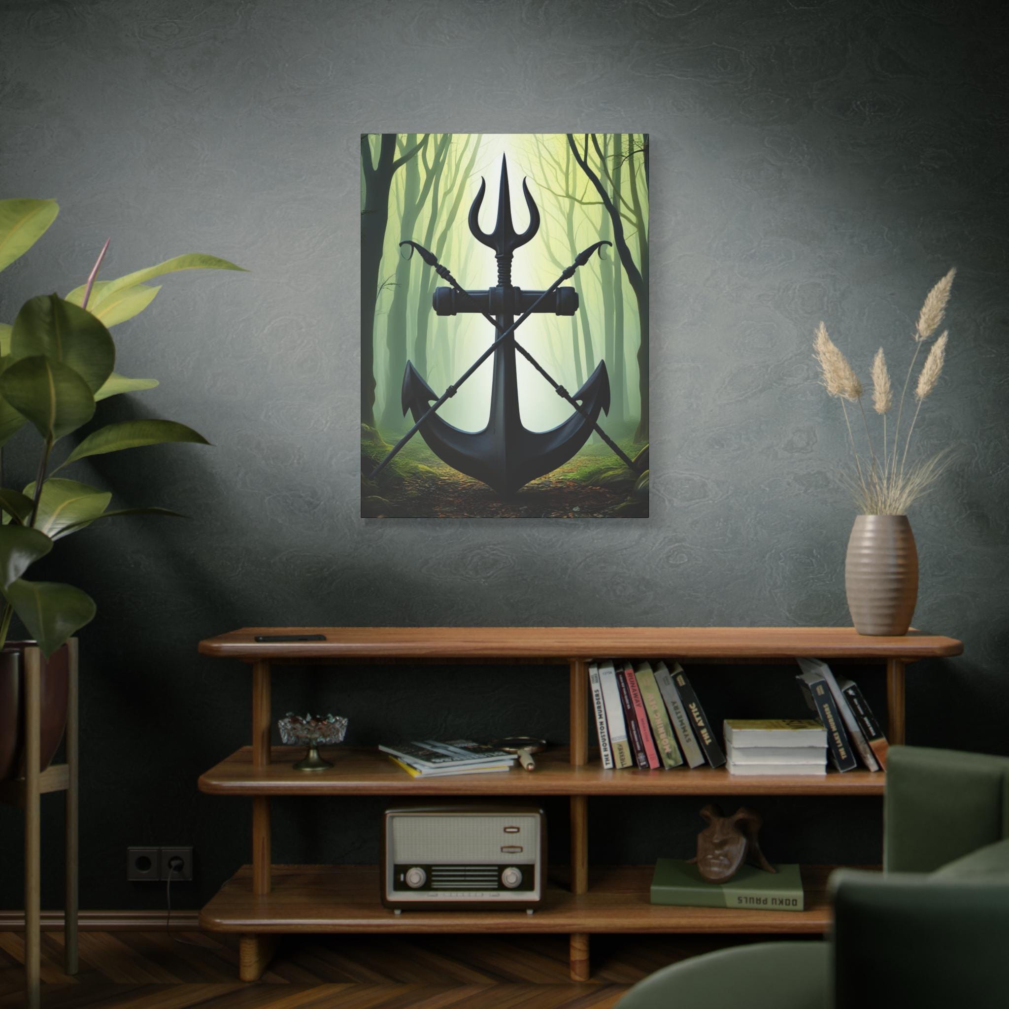 Anchor and Trident Forest Illustration Canvas | Stretched Matte Canvas