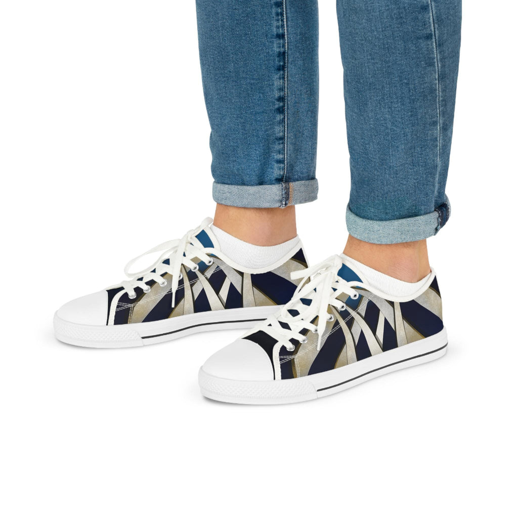 Geometric Striped Canvas Sneakers | Navy Blue Low Tops