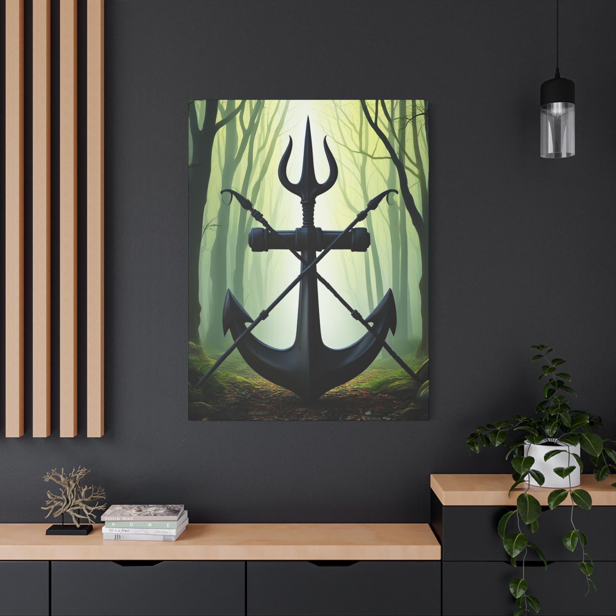 Anchor and Trident Forest Illustration Canvas | Stretched Matte Canvas