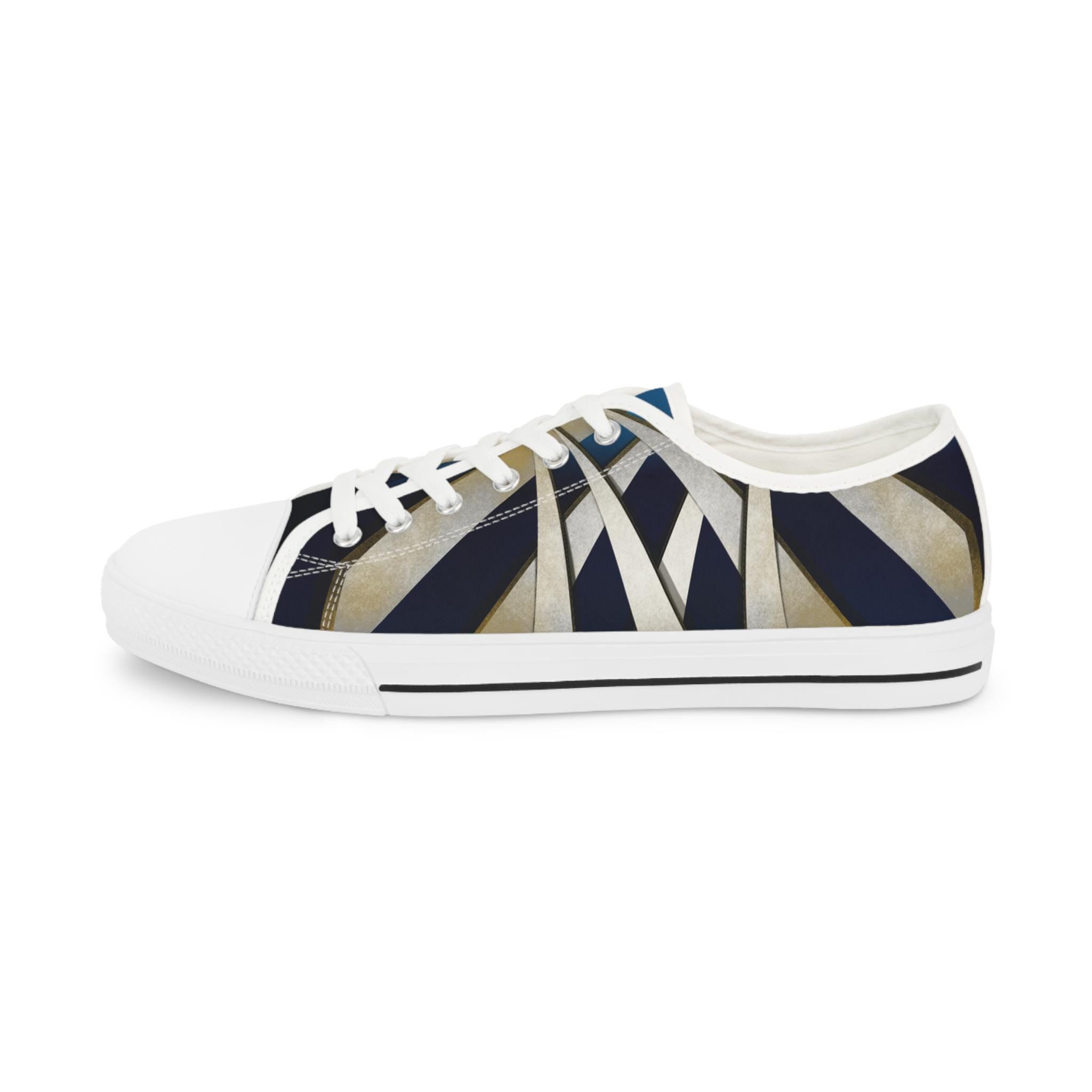 Geometric Striped Canvas Sneakers | Navy Blue Low Tops