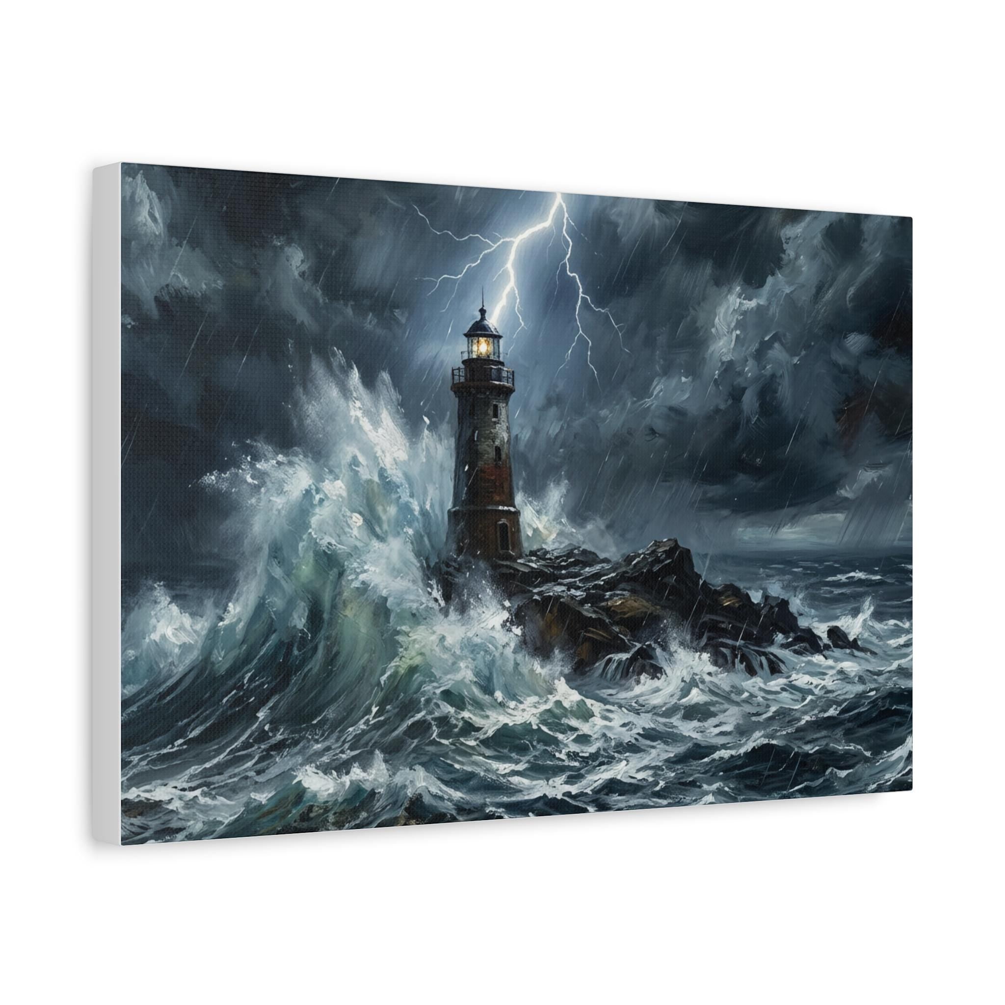 Stormy Lighthouse Matte Canvas | Seascape Wall Art, Lightning Ocean Print