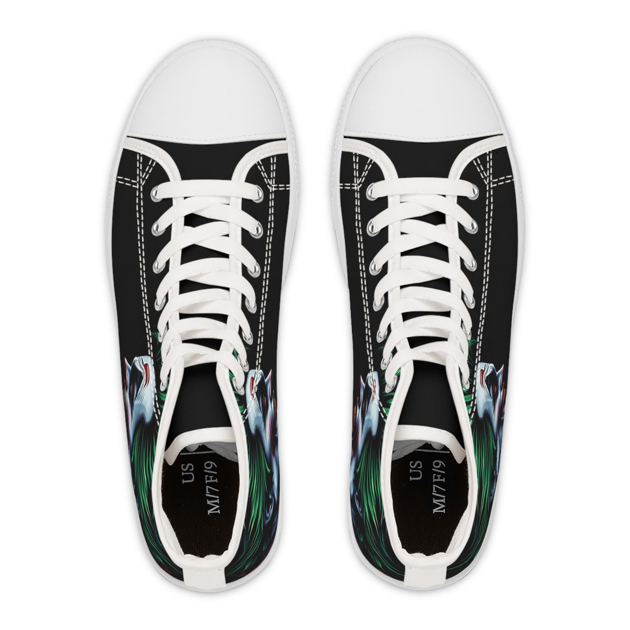Joker Face Illustration Women's High Top Sneakers | Clown Villain Art, Black Green