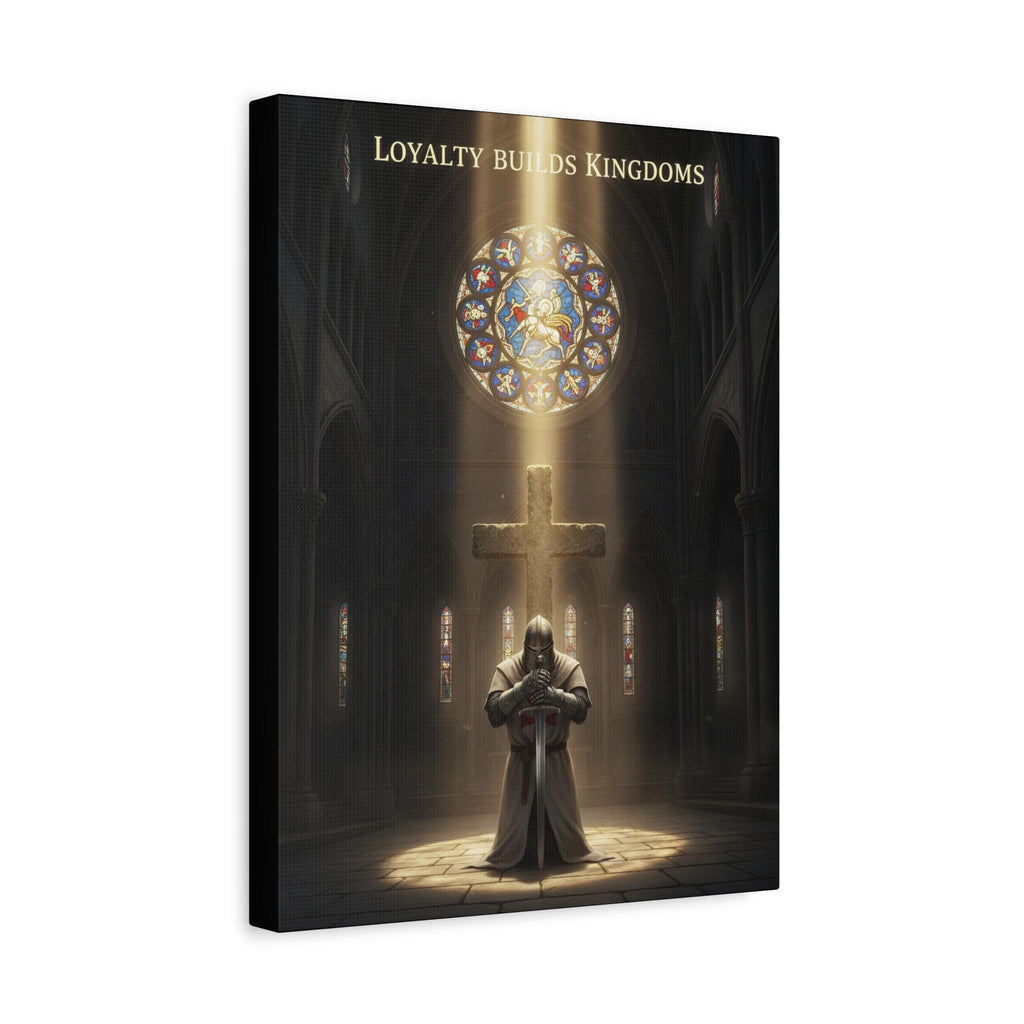 Knight Kneeling Before Cross Matte Canvas | Religious Wall Art, Stained Glass Cathedral
