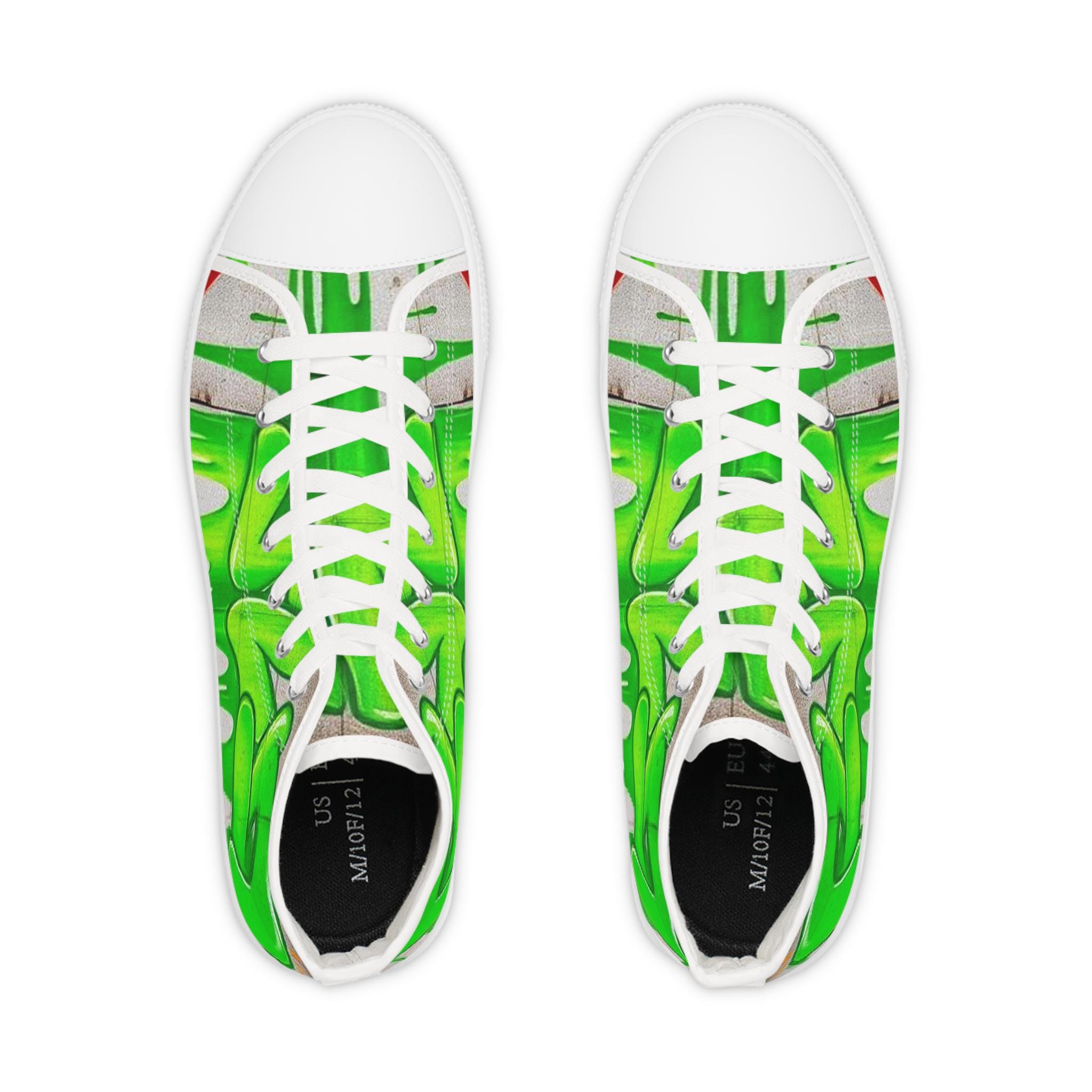 Green Paint Drip High Top Sneakers | Street Art Skate Shoes