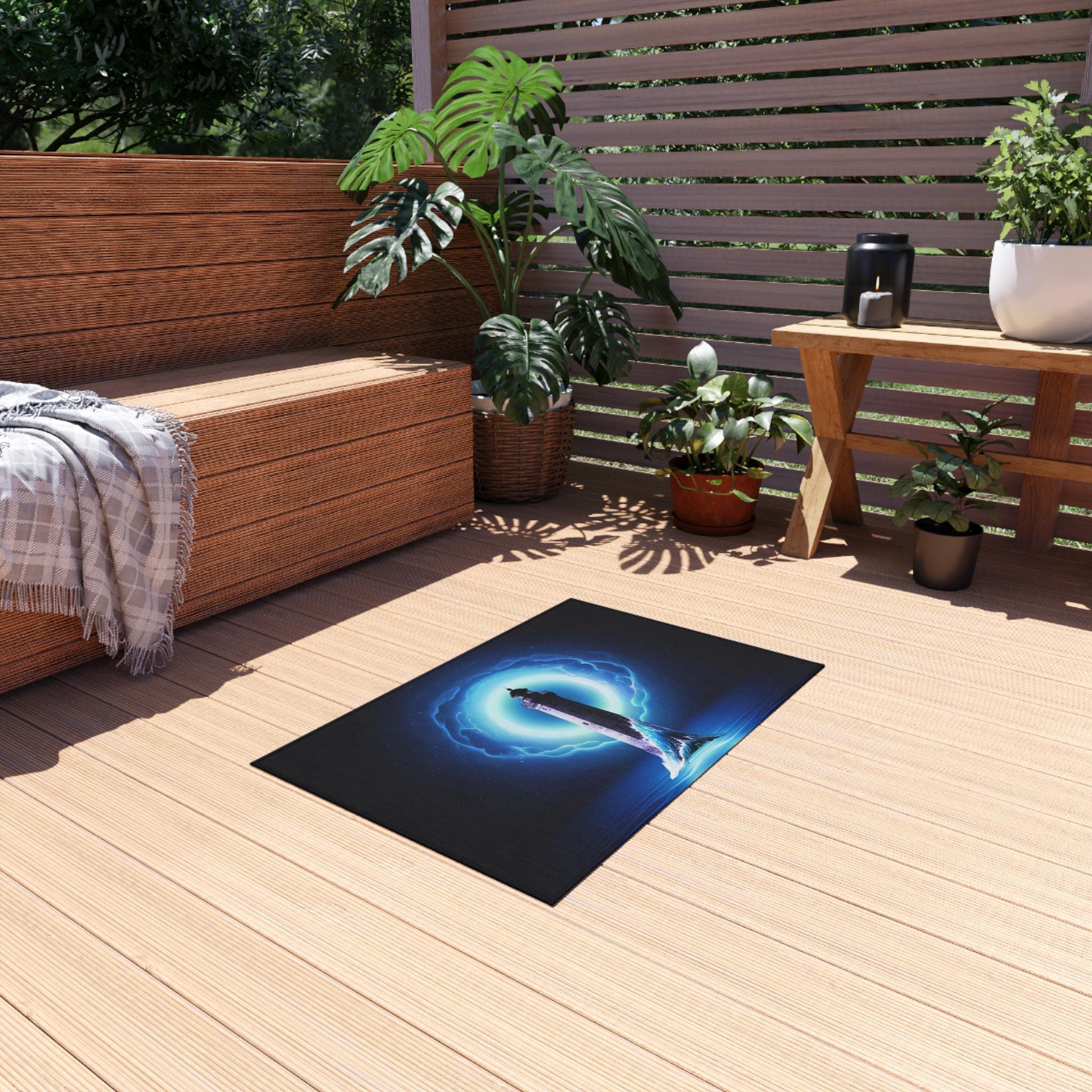Lighthouse with Electric Aura Outdoor Rug | Nautical Coastal Decor