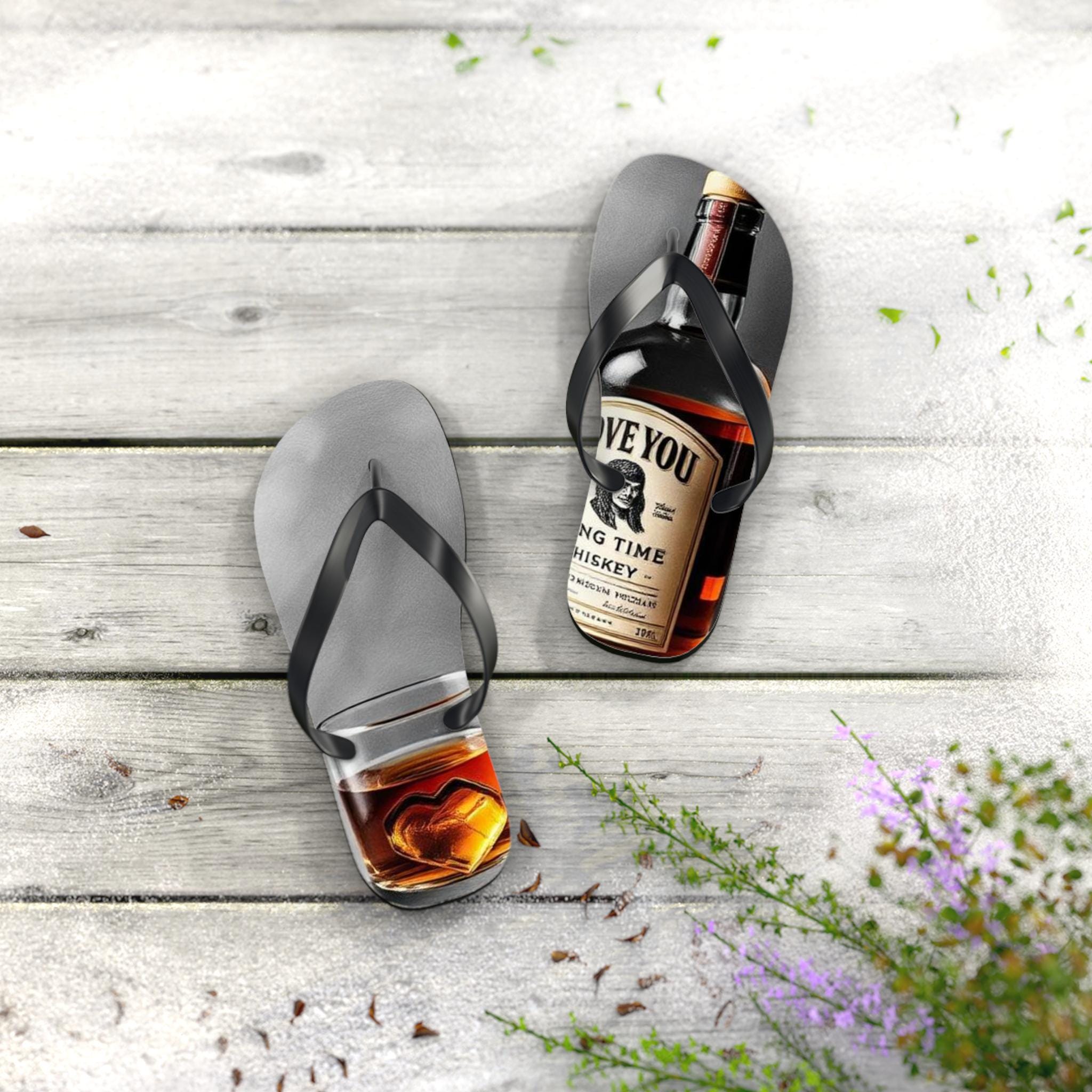 Whiskey Bottle and Heart Ice Flip Flops | Novelty Beach Sandals