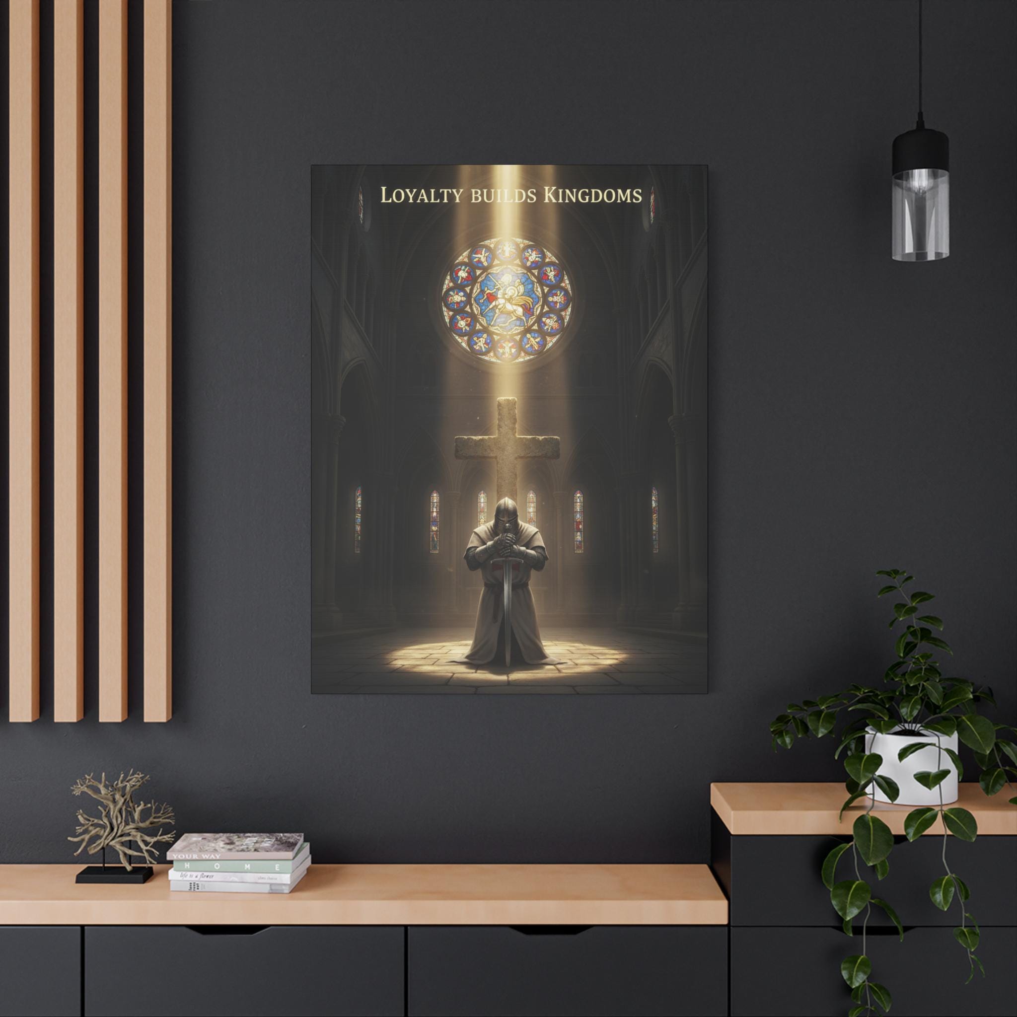 Knight Kneeling Before Cross Matte Canvas | Religious Wall Art, Stained Glass Cathedral
