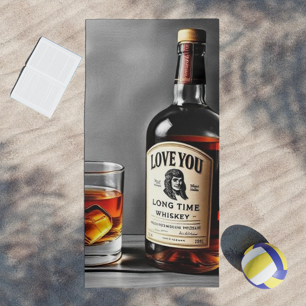 Love You Long Time Whiskey Bottle Beach Towel | Whiskey Glass Illustration