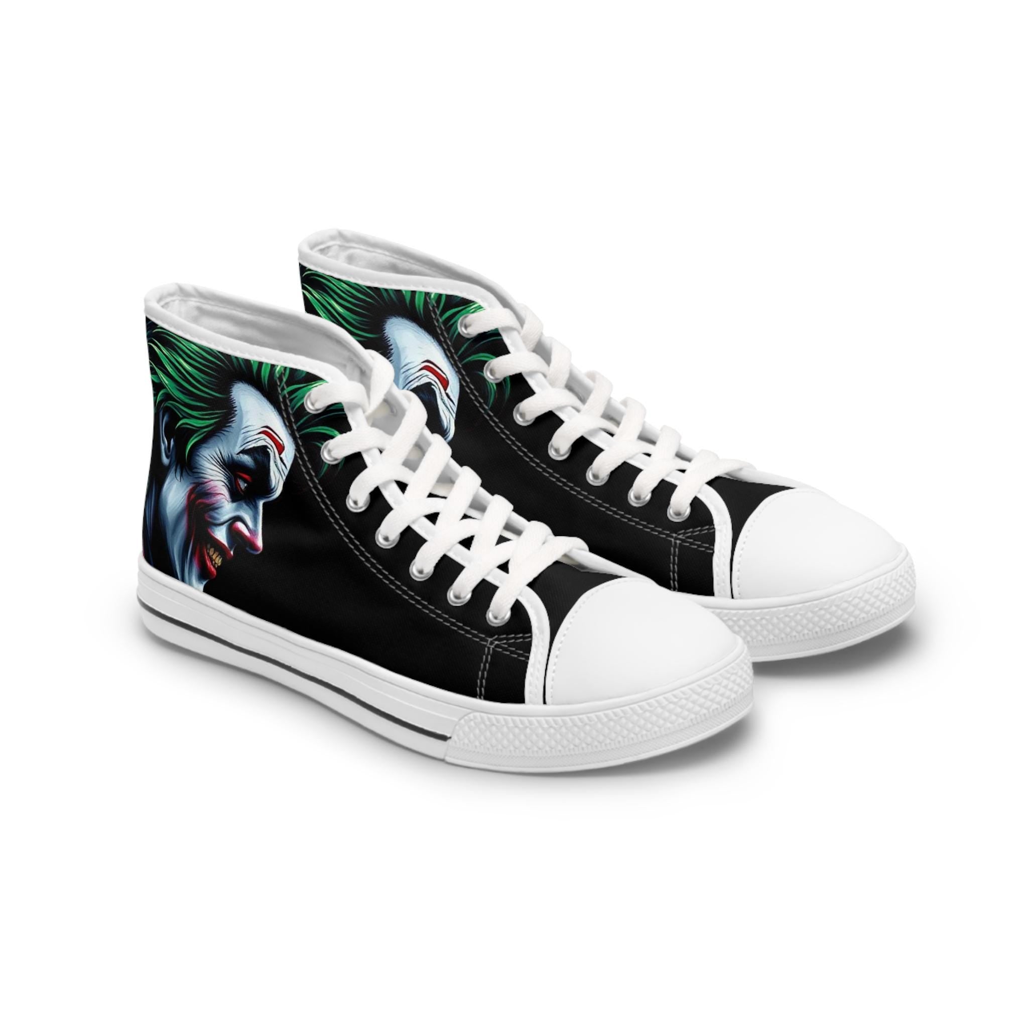 Joker Face Illustration Women's High Top Sneakers | Clown Villain Art, Black Green