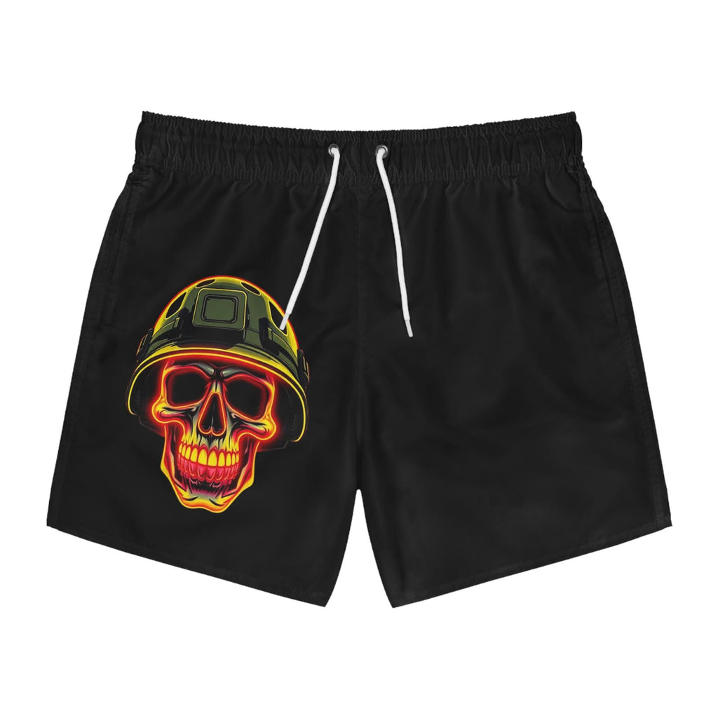 Flaming Skull Helmet Swim Trunks | Neon Military Combat Shorts