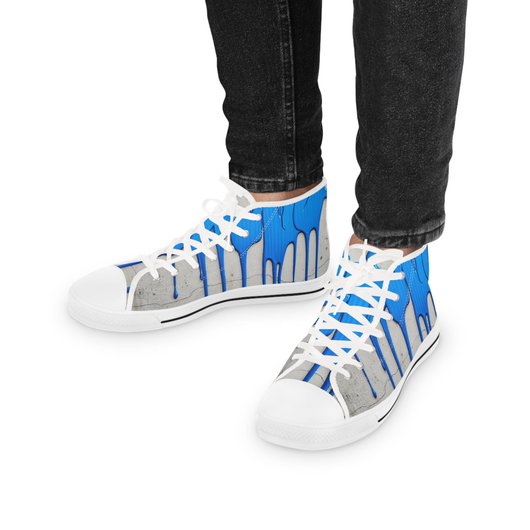 Blue Paint Drip High Top Sneakers | Abstract Streetwear Canvas Shoes