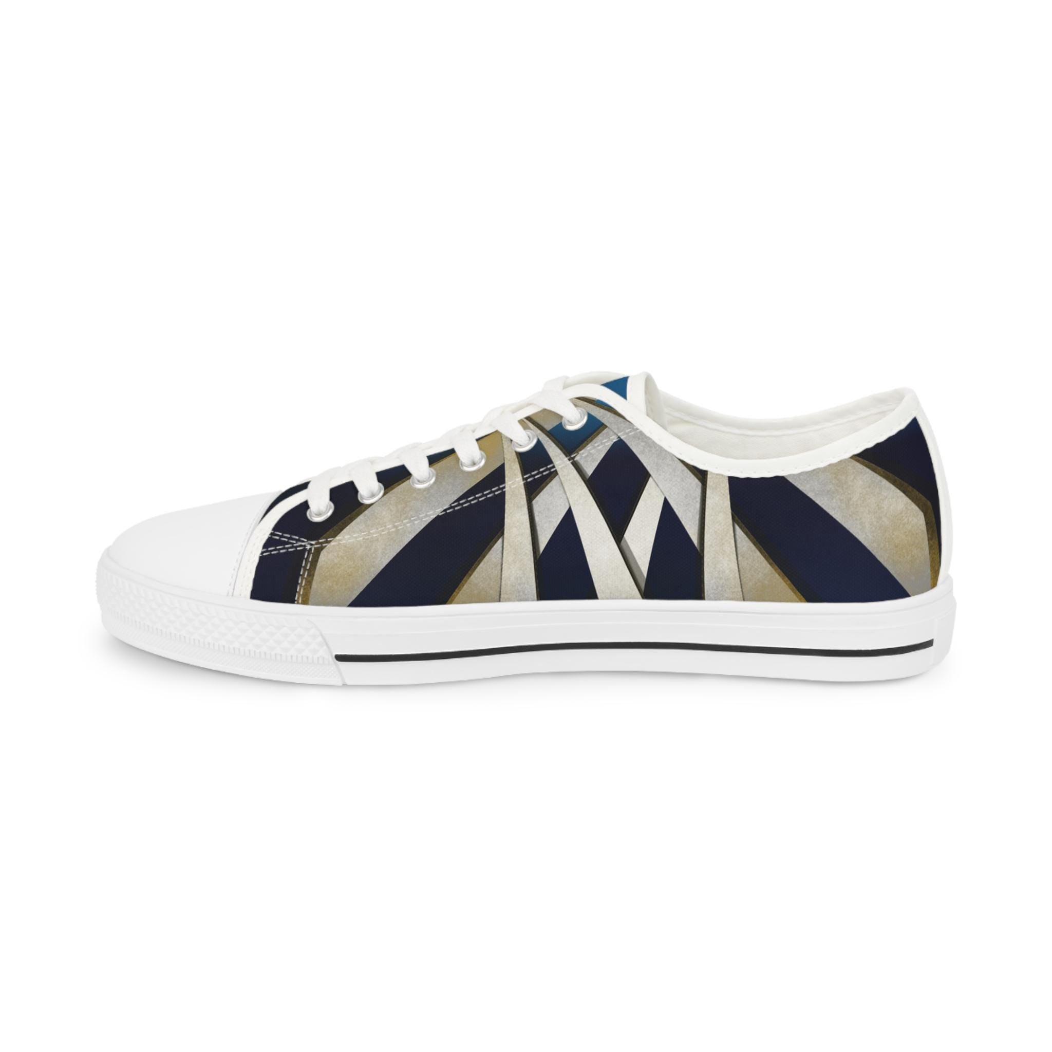 Geometric Striped Canvas Sneakers | Navy Blue Low Tops