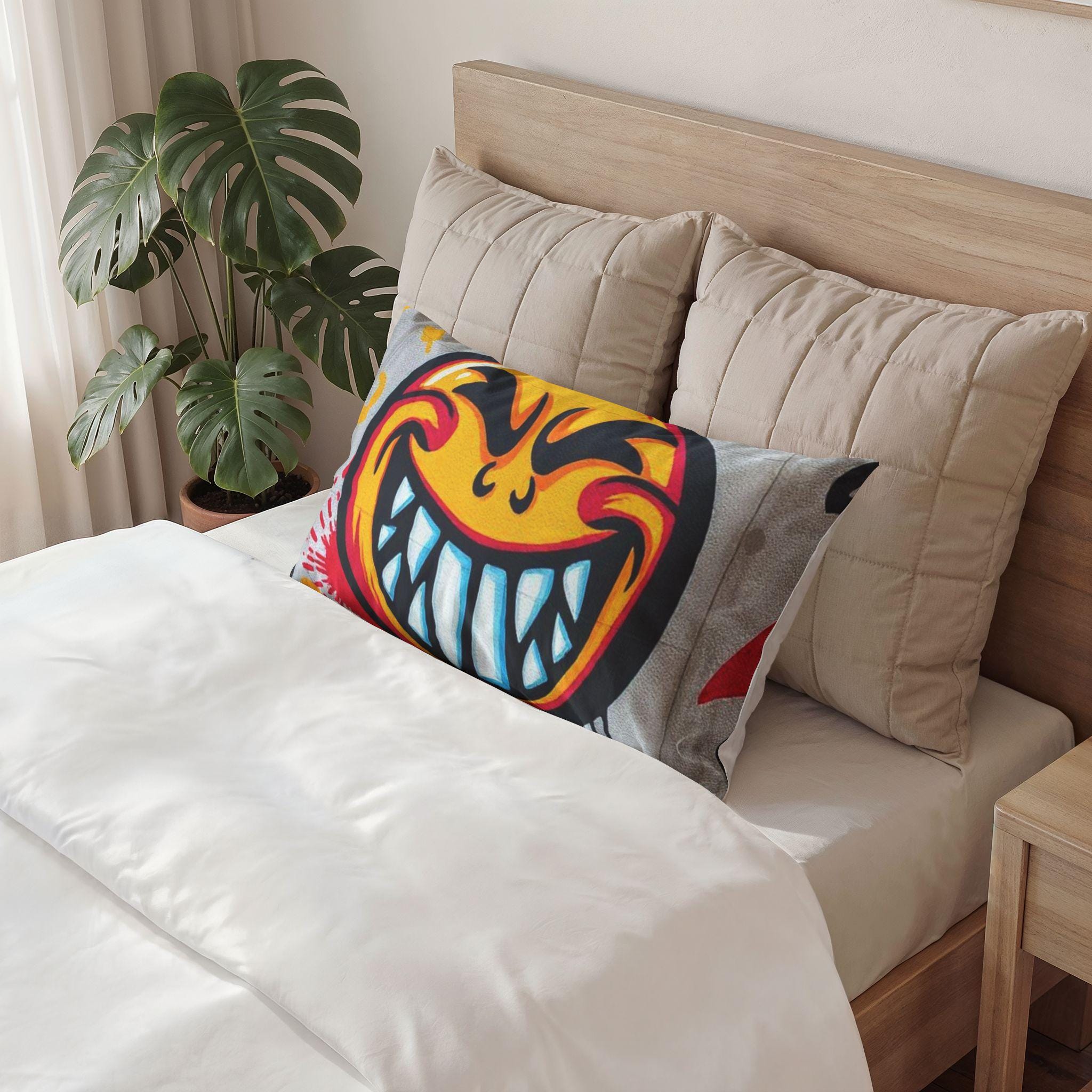 Grinning Graffiti Face Cotton Pillow Sham | Urban Street Art Smiley