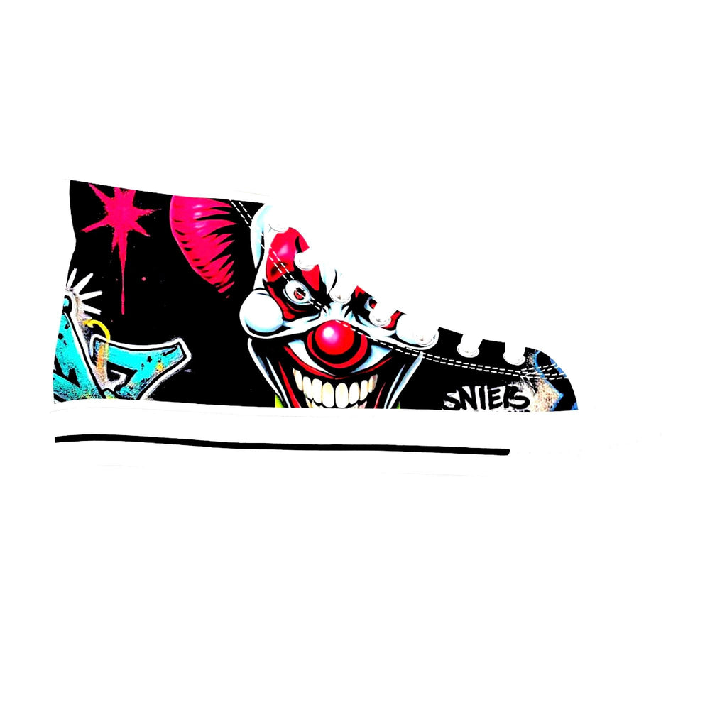 Creepy Clown Graffiti Face Women's High Top Sneakers | Horror Halloween Shoe Art