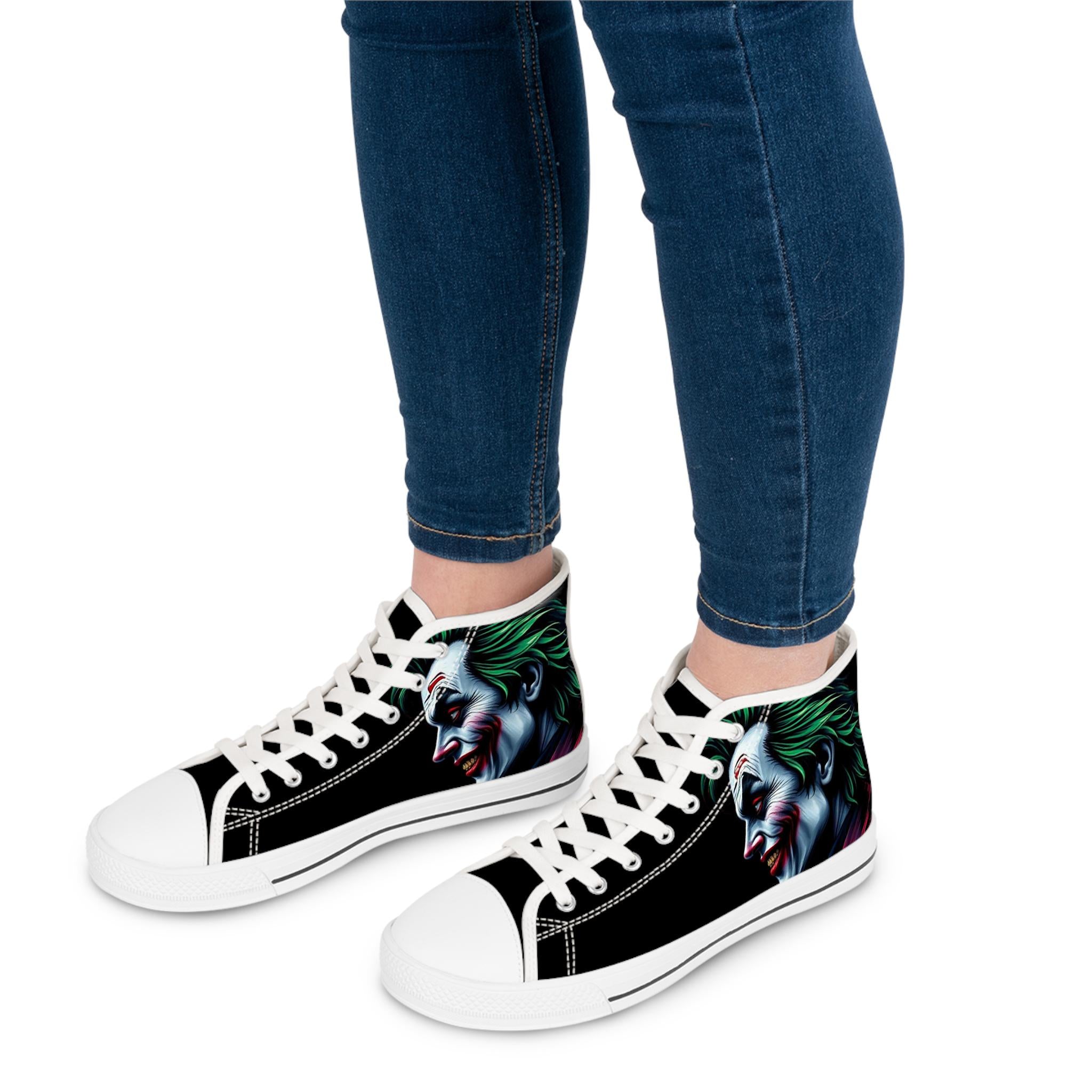 Joker Face Illustration Women's High Top Sneakers | Clown Villain Art, Black Green