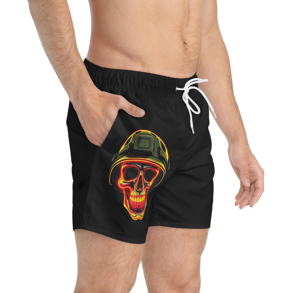 Flaming Skull Helmet Swim Trunks | Neon Military Combat Shorts