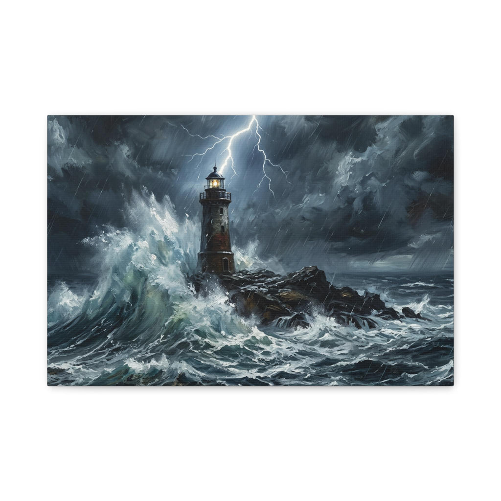 Stormy Lighthouse Matte Canvas | Seascape Wall Art, Lightning Ocean Print