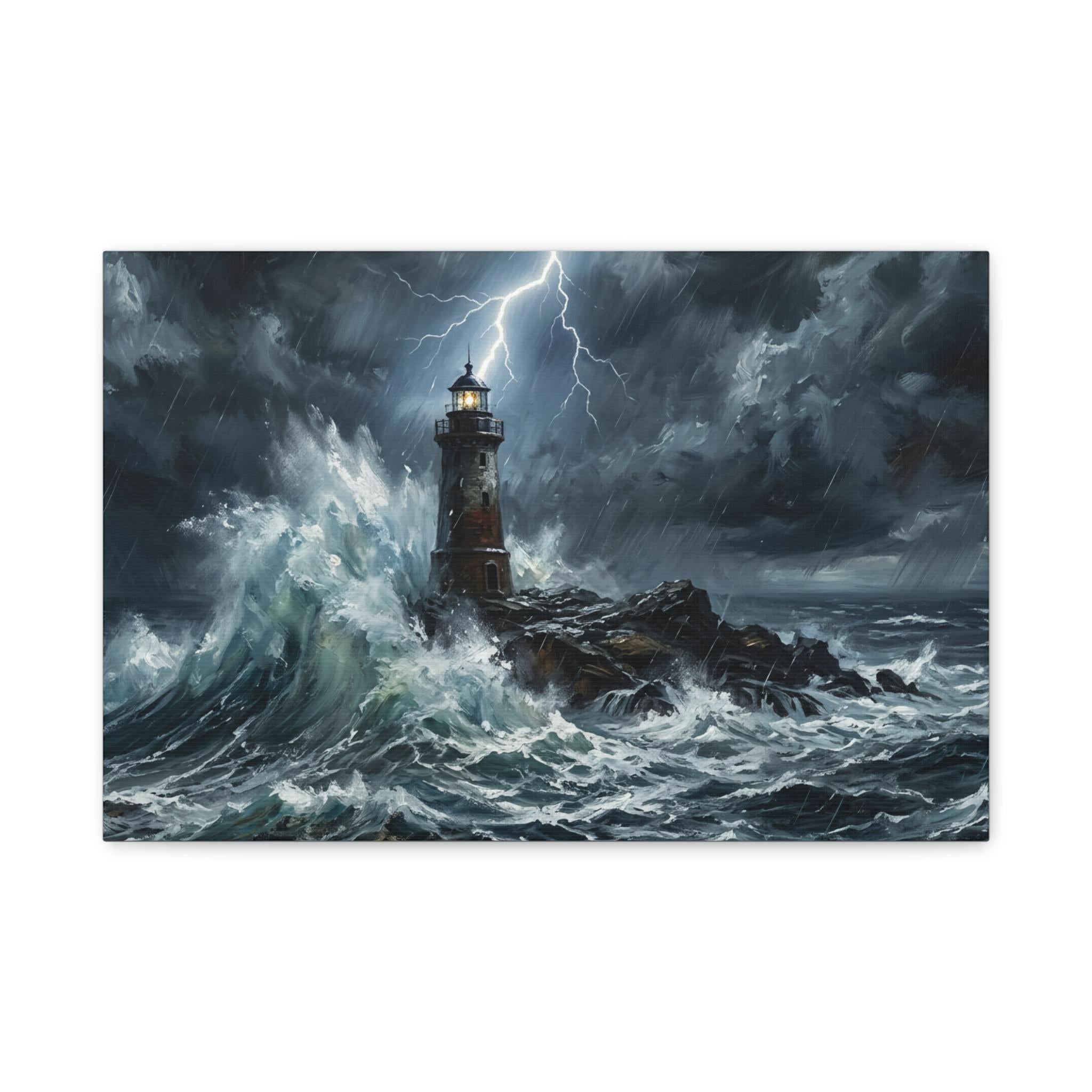 Stormy Lighthouse Matte Canvas | Seascape Wall Art, Lightning Ocean Print