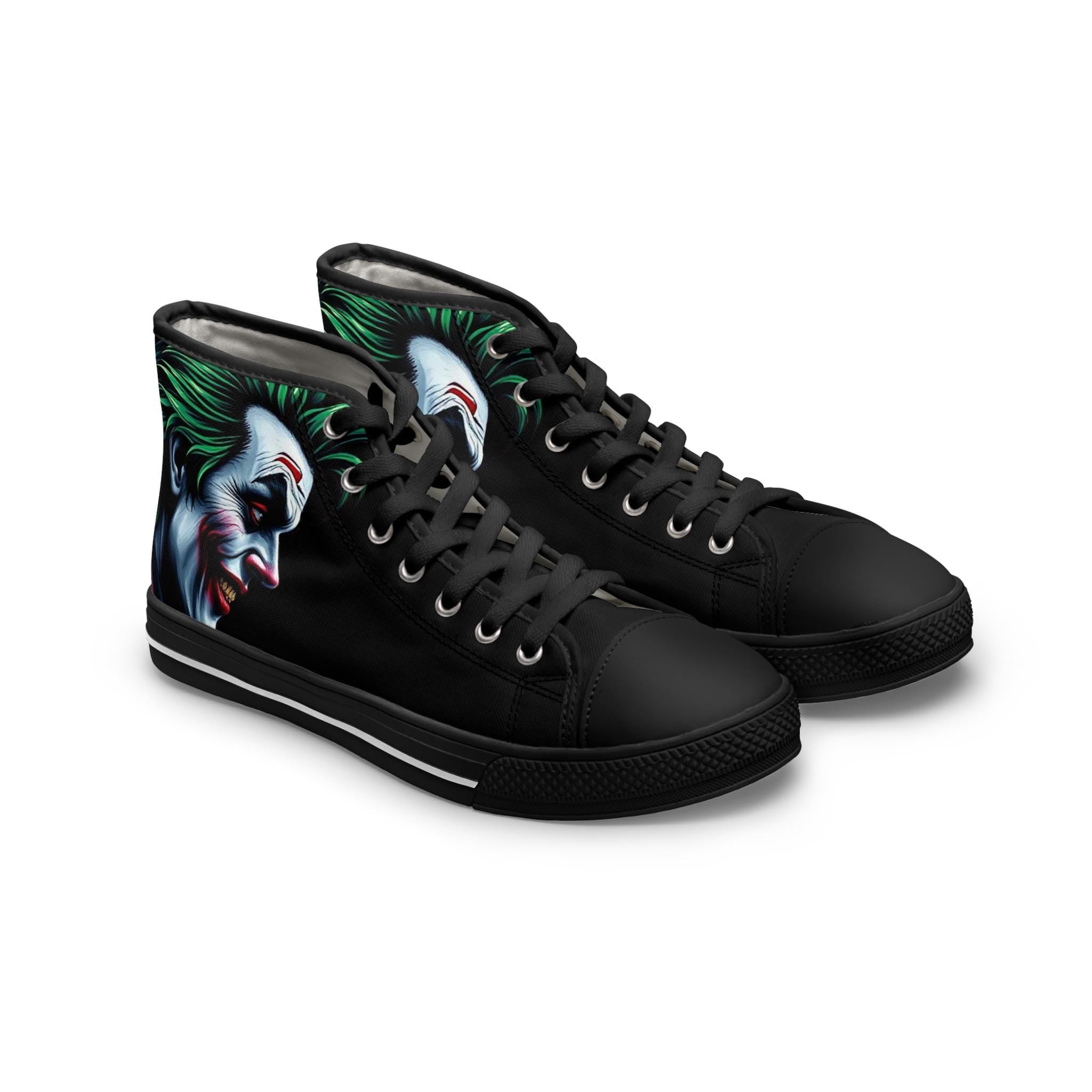 Joker Face Illustration Women's High Top Sneakers | Clown Villain Art, Black Green