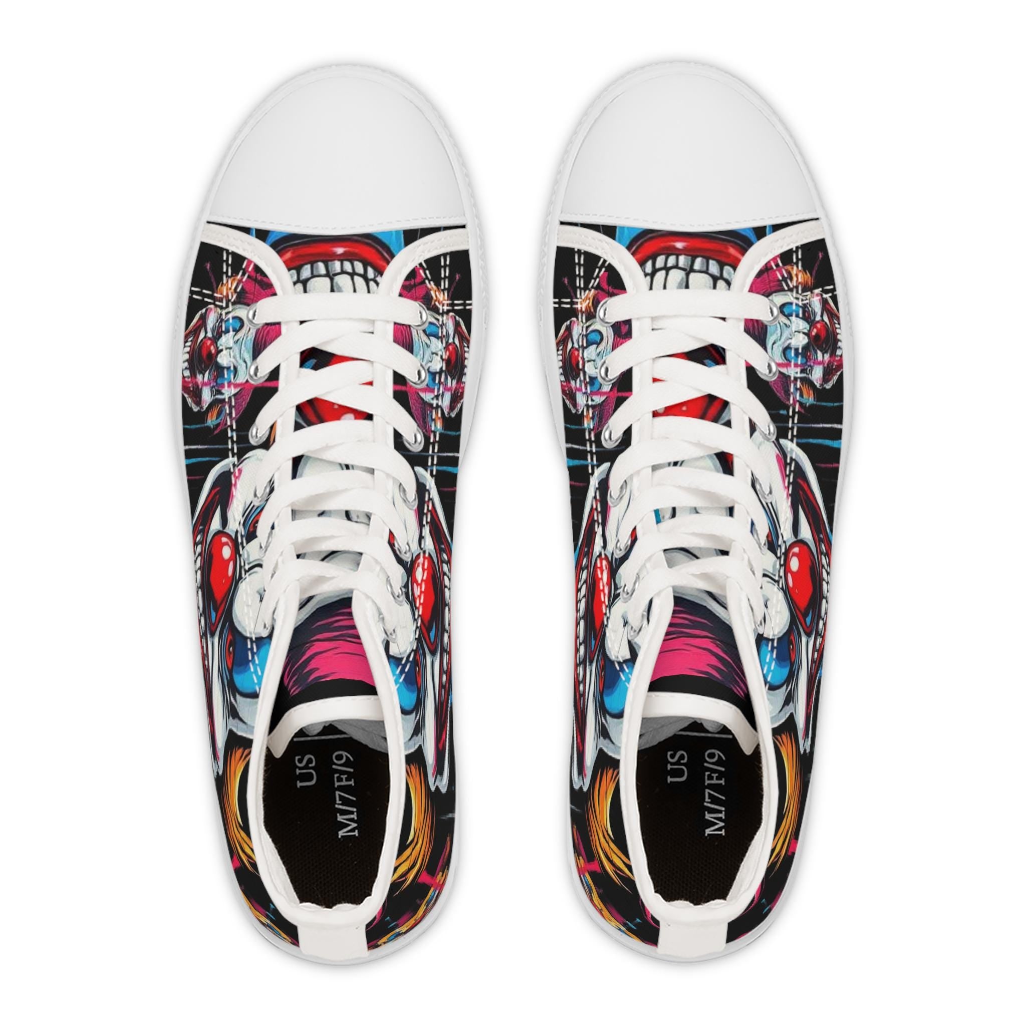 Scary Grinning Clown Women's High Top Sneakers | Horror Face, Colorful Creepy Art