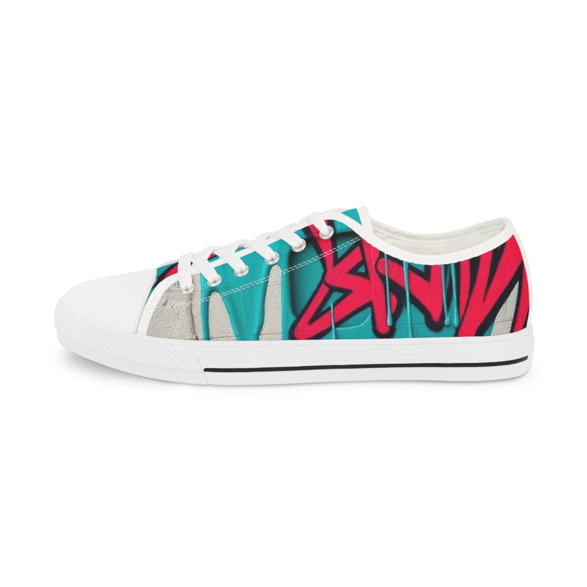Teal Pink Graffiti Sneakers | Men's Low Top Street Art Canvas Shoes
